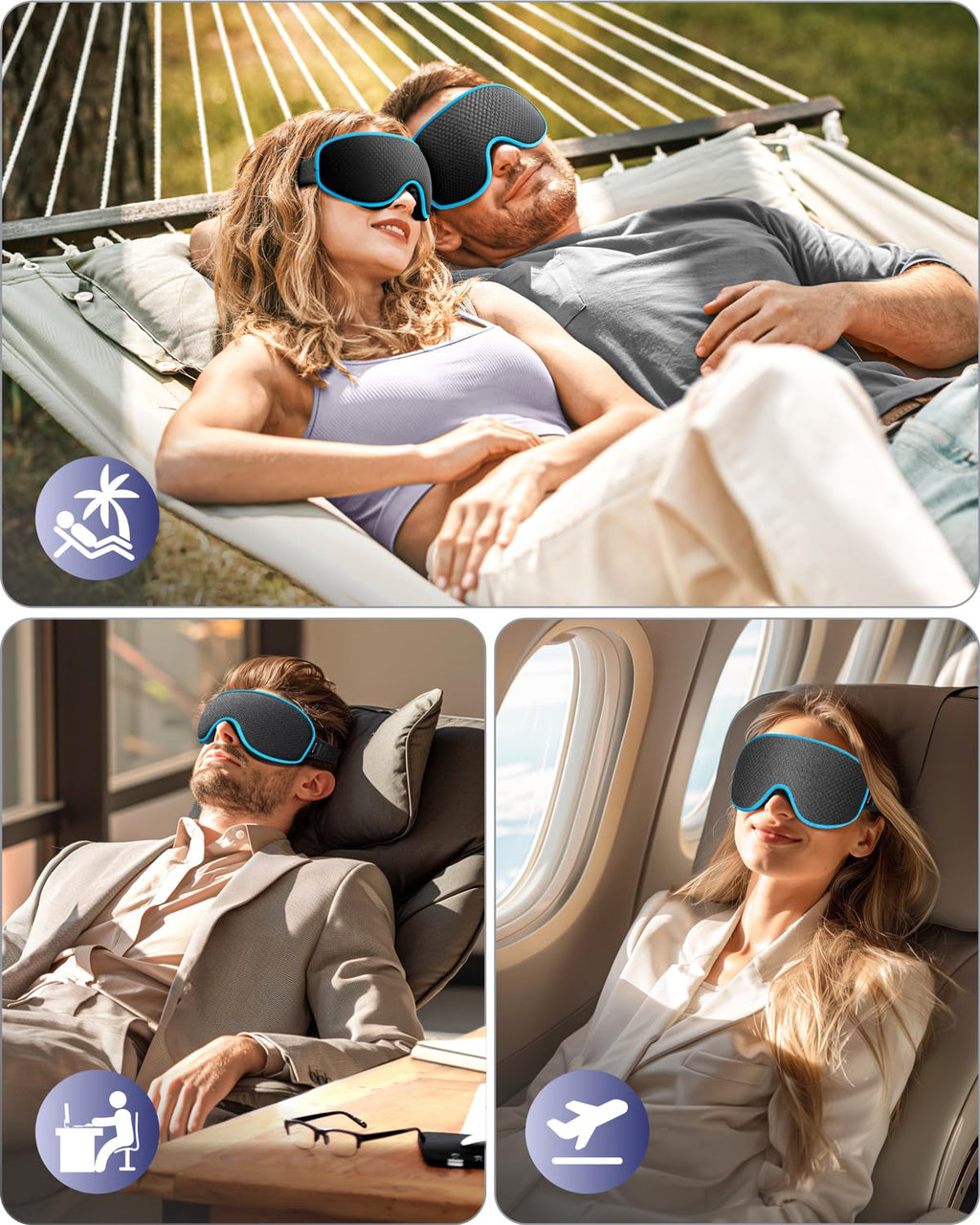 Couple and travelers using The Midnight Muse | 3D Silk-Touch Blackout Mask in blue outdoors and on flights, ideal for luxury sleep anywhere.