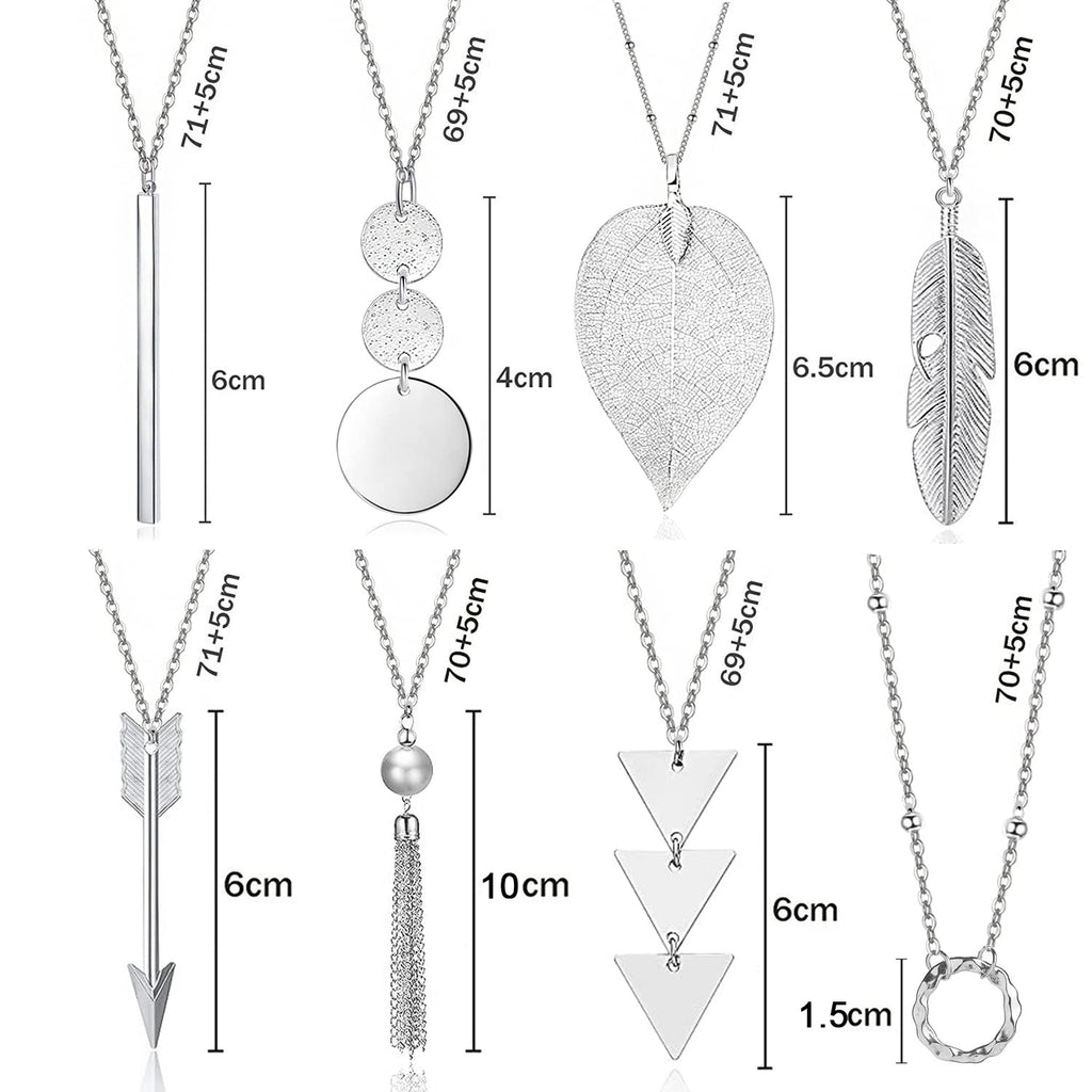 Long Necklaces for Women - Fashion Pendant Necklace Jewelry, Silver Bar Feather Circle Leaf Lock Tassel Y Necklace Jewelry Set for Girls