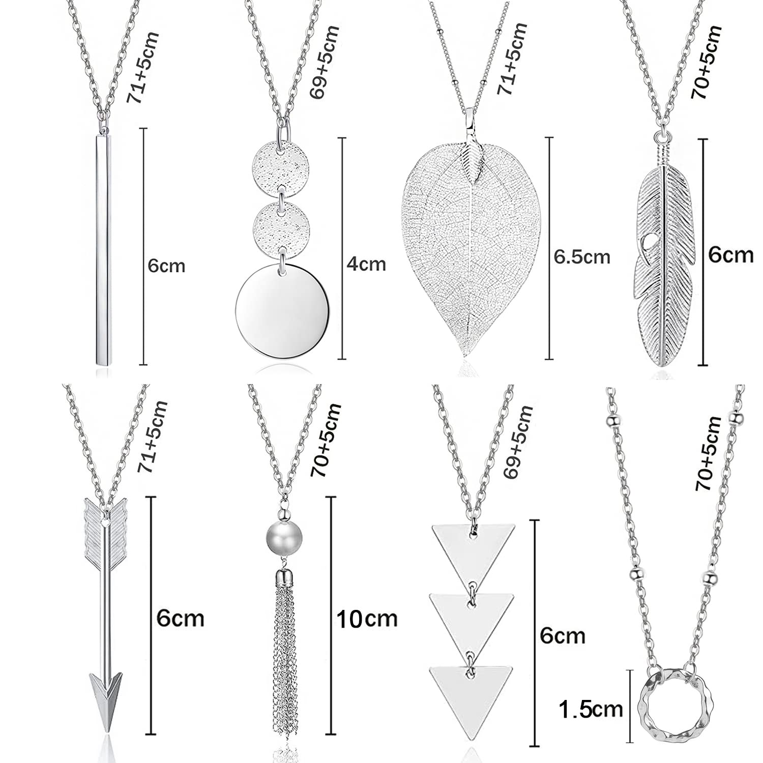 Long Necklaces for Women - Fashion Pendant Necklace Jewelry, Silver Bar Feather Circle Leaf Lock Tassel Y Necklace Jewelry Set for Girls