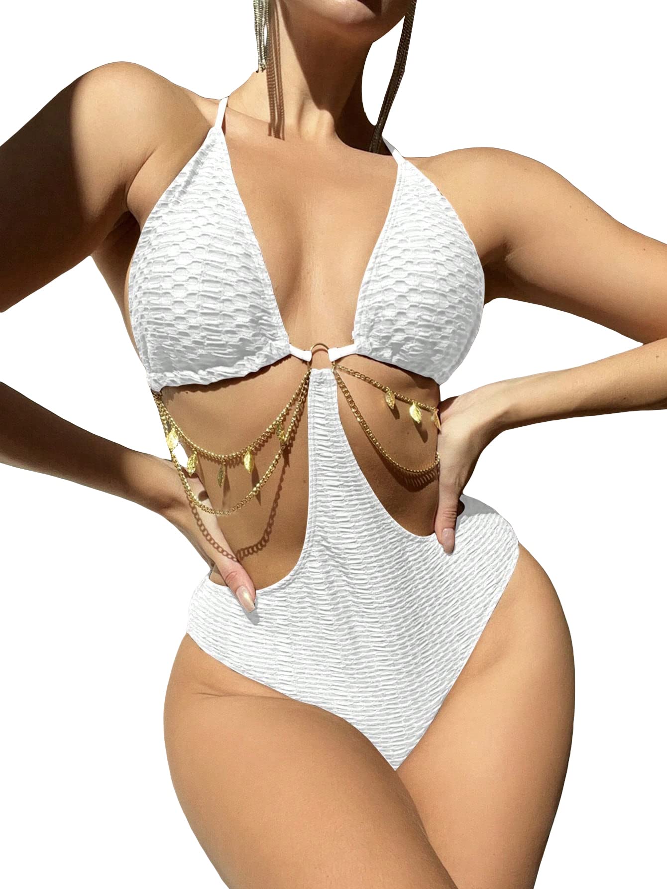 OYOANGLE Women's Chain Linked Cut Out Halter One Piece Swimsuit Tummy Control Bathing Suit
