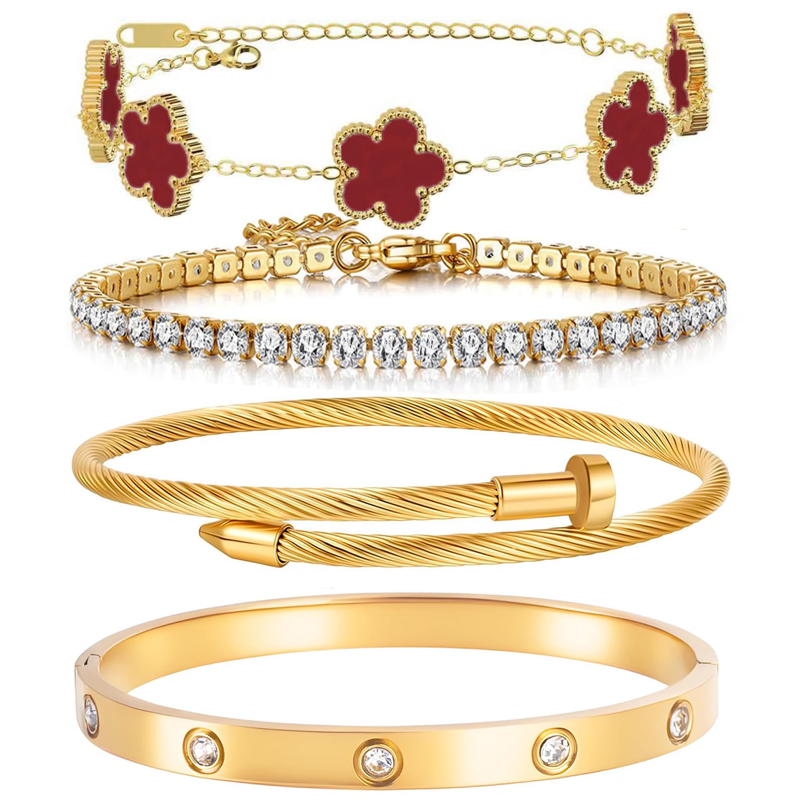 18K Gold Plated Womens Stackable Floral Bracelets Set,Twisted Cable Bangle,Trendy Jewelry,Waterproof adjustable bracelet,Christmas Birthday Gifts for Girlfriend or Mother.