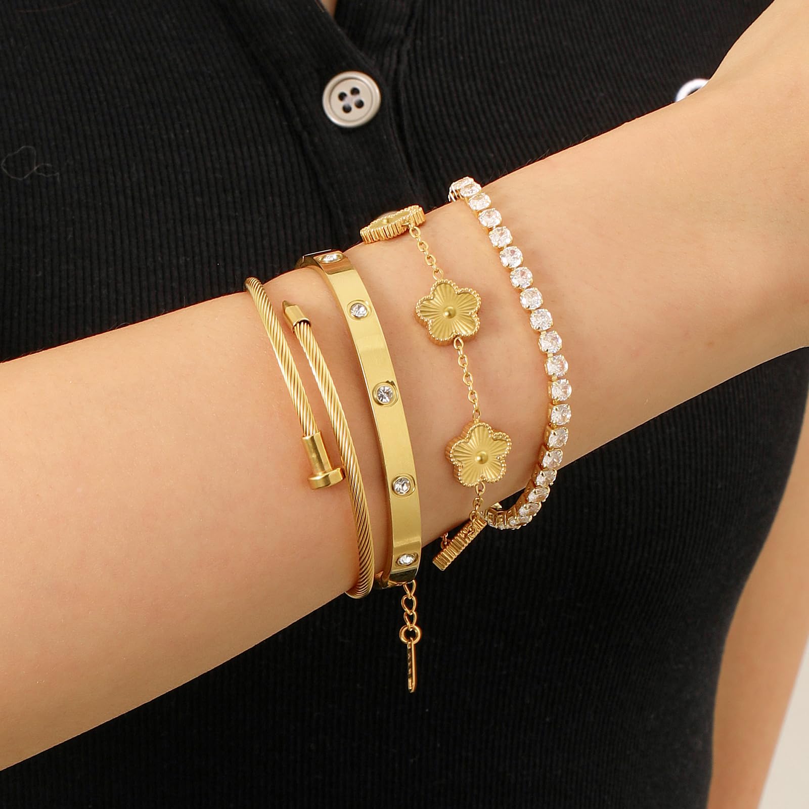 18K Gold Plated Womens Stackable Floral Bracelets Set,Twisted Cable Bangle,Trendy Jewelry,Waterproof adjustable bracelet,Christmas Birthday Gifts for Girlfriend or Mother.