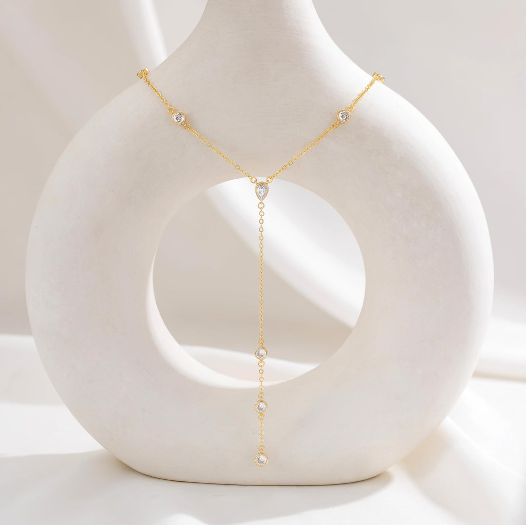 CHESKY Lariat Gold Necklace for Women, Dainty Long Necklace 14k Gold Plated Y-Shaped Pendant Necklace Trendy Layered CZ Beaded Chain Drop Necklaces Simple Gold Jewelry for Women Gifts