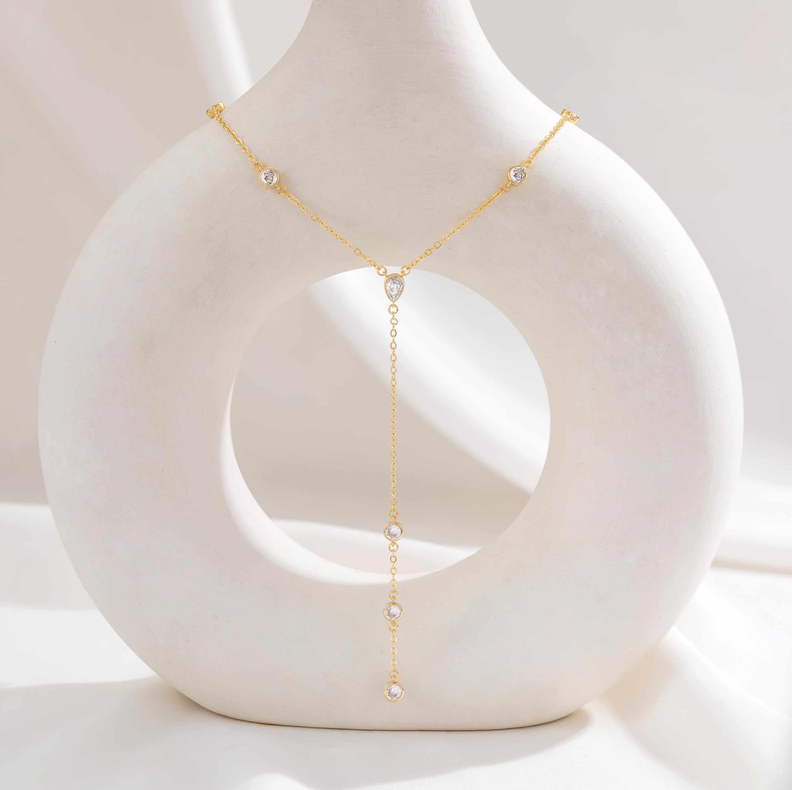 CHESKY Lariat Gold Necklace for Women, Dainty Long Necklace 14k Gold Plated Y-Shaped Pendant Necklace Trendy Layered CZ Beaded Chain Drop Necklaces Simple Gold Jewelry for Women Gifts