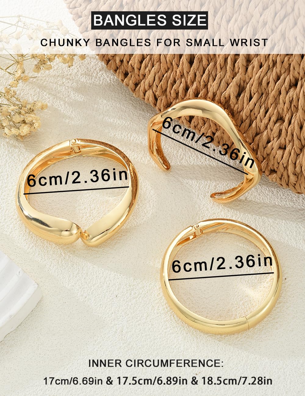Chunky Gold Bangle Bracelets for Women, Dainty 14k Gold Plated Big Stackable Bangles Set, Trendy Statement Cuff Bracelet Stack Fashion Jewelry Gifts