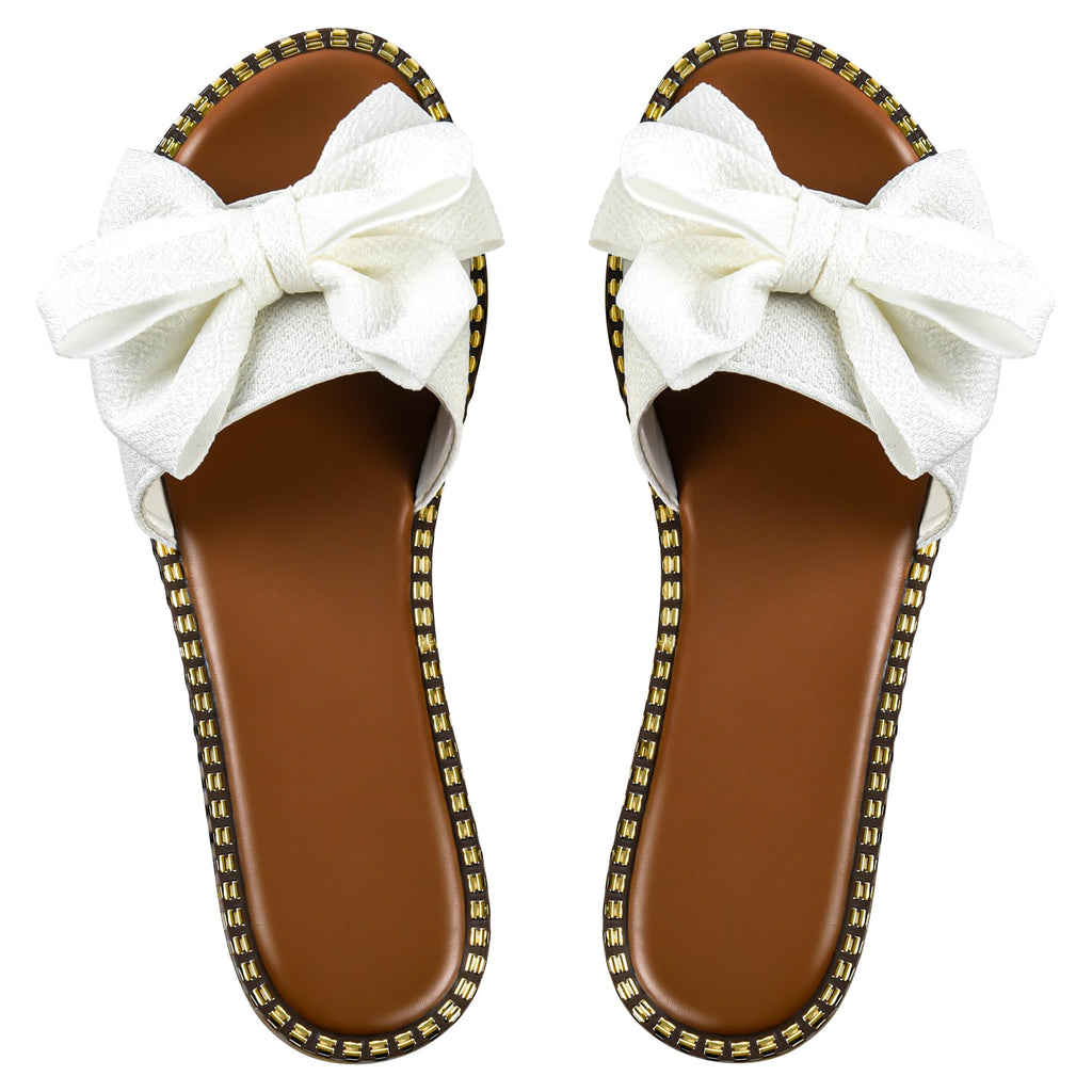 Sksshion Women's Bow Knot Slides Open Toe Flat Sandals Summer Slip On Slippers