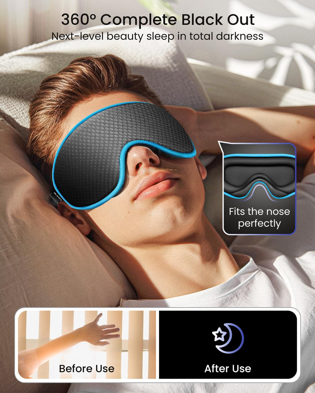 Man sleeping with The Midnight Muse | 3D Silk-Touch Blackout Mask in blue, showing 360° blackout effect and perfect nose fit for deep rest.
