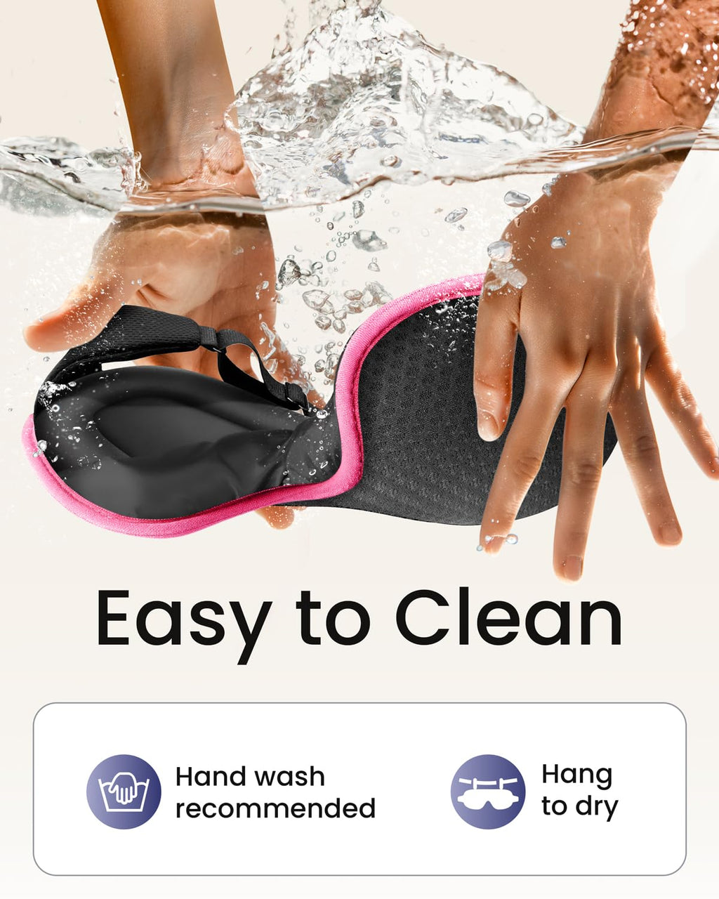 The Midnight Muse | 3D Silk-Touch Blackout Mask being hand washed in water, showcasing its easy-to-clean design with lash-safe contours and soft fabric.