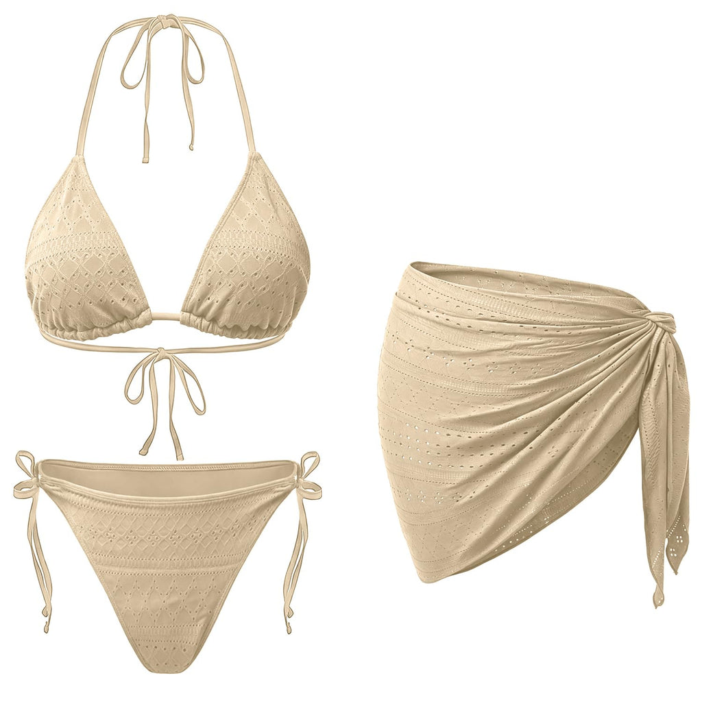 Women 3 Piece Swimsuits - Sexy Triangle Bikini Sets with Cover Up Halter String Tie Side Bathing Suits