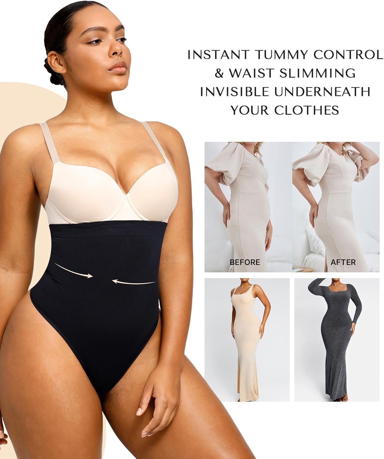 Before and after comparison of The Sculpting Essential high-waisted seamless thong showing instant tummy control and invisible slimming under dresses.