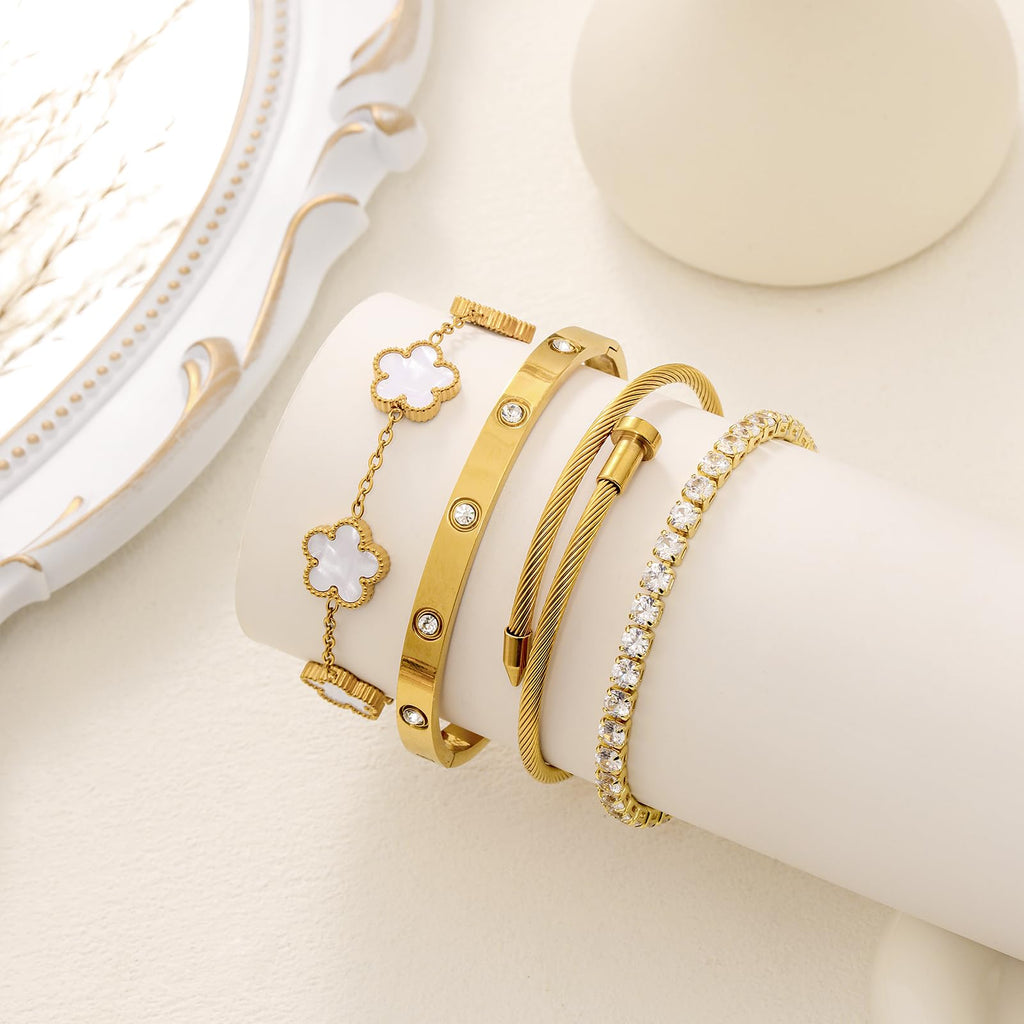 18K Gold Plated Womens Stackable Floral Bracelets Set,Twisted Cable Bangle,Trendy Jewelry,Waterproof adjustable bracelet,Christmas Birthday Gifts for Girlfriend or Mother.