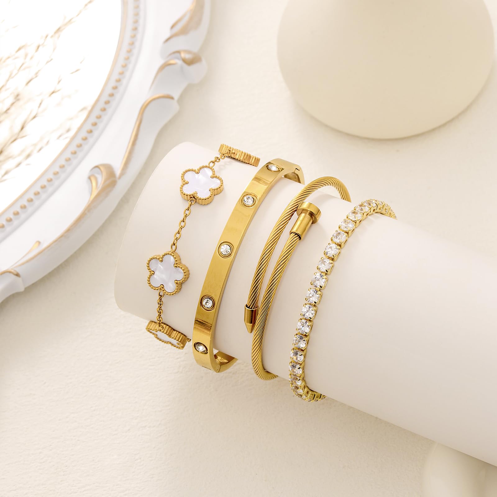 18K Gold Plated Womens Stackable Floral Bracelets Set,Twisted Cable Bangle,Trendy Jewelry,Waterproof adjustable bracelet,Christmas Birthday Gifts for Girlfriend or Mother.