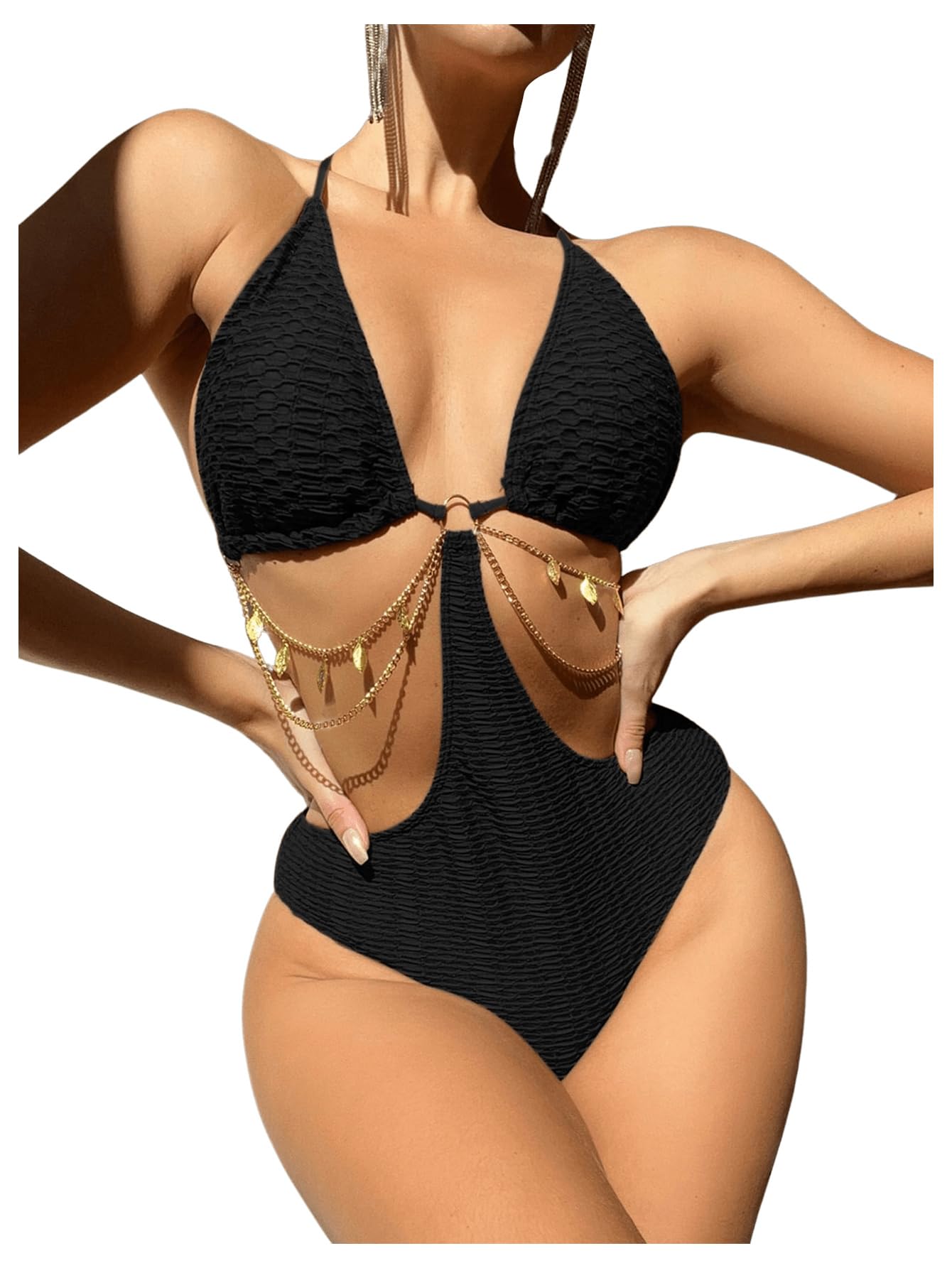 OYOANGLE Women's Chain Linked Cut Out Halter One Piece Swimsuit Tummy Control Bathing Suit