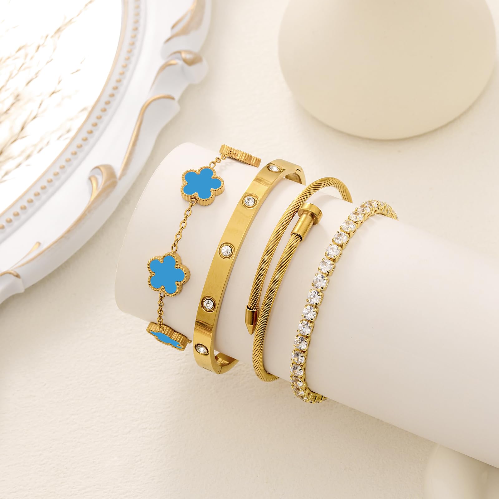 18K Gold Plated Womens Stackable Floral Bracelets Set,Twisted Cable Bangle,Trendy Jewelry,Waterproof adjustable bracelet,Christmas Birthday Gifts for Girlfriend or Mother.