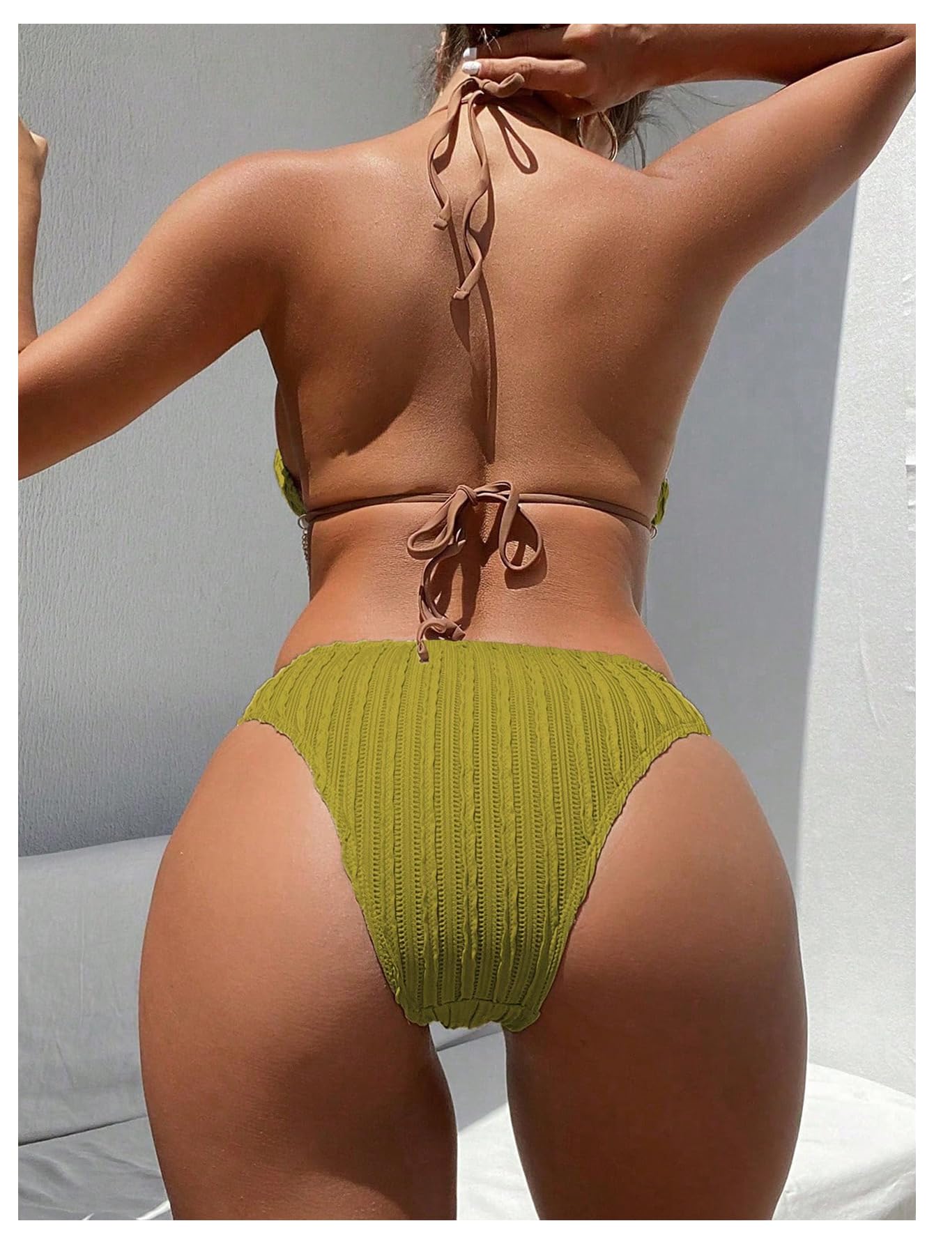OYOANGLE Women's Ring Linked Cut Out One Piece Swimsuits Textured Tie Backless Halter Bathing Suit Monokini