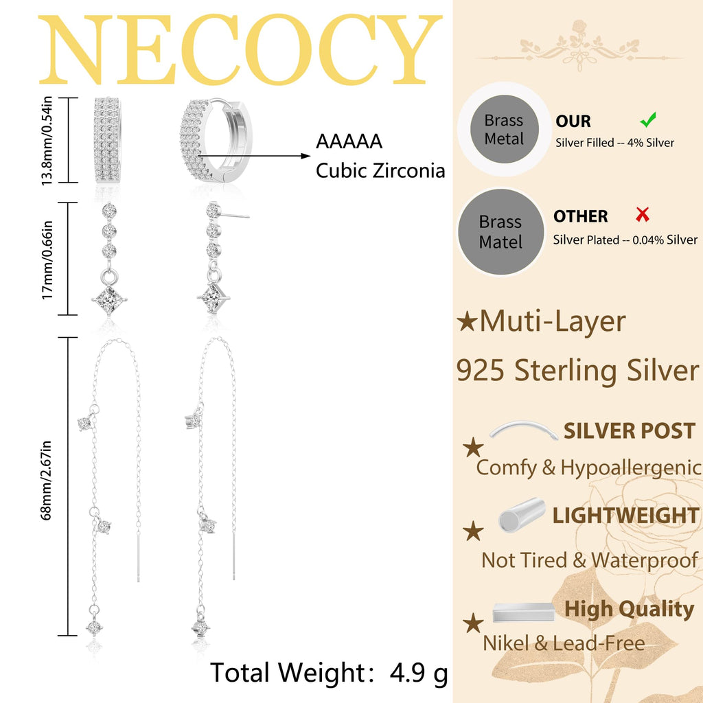 NECOCY 14K Gold Plated Chain Earrings for Women 3/4 Pairs Dangle Dainty Stack Hoop Earrings Set Trendy Cubic Zirconia Stud Earrings for Women Jewelry