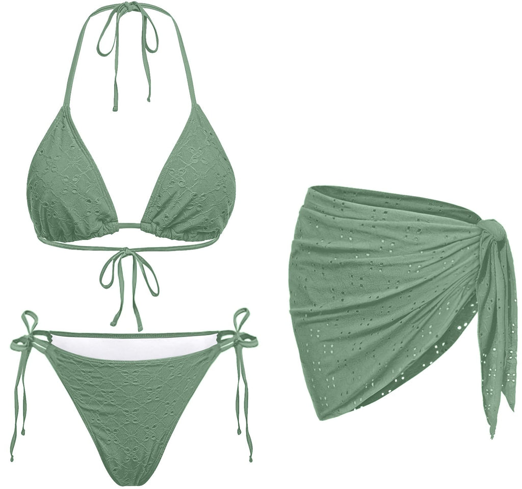 Women 3 Piece Swimsuits - Sexy Triangle Bikini Sets with Cover Up Halter String Tie Side Bathing Suits