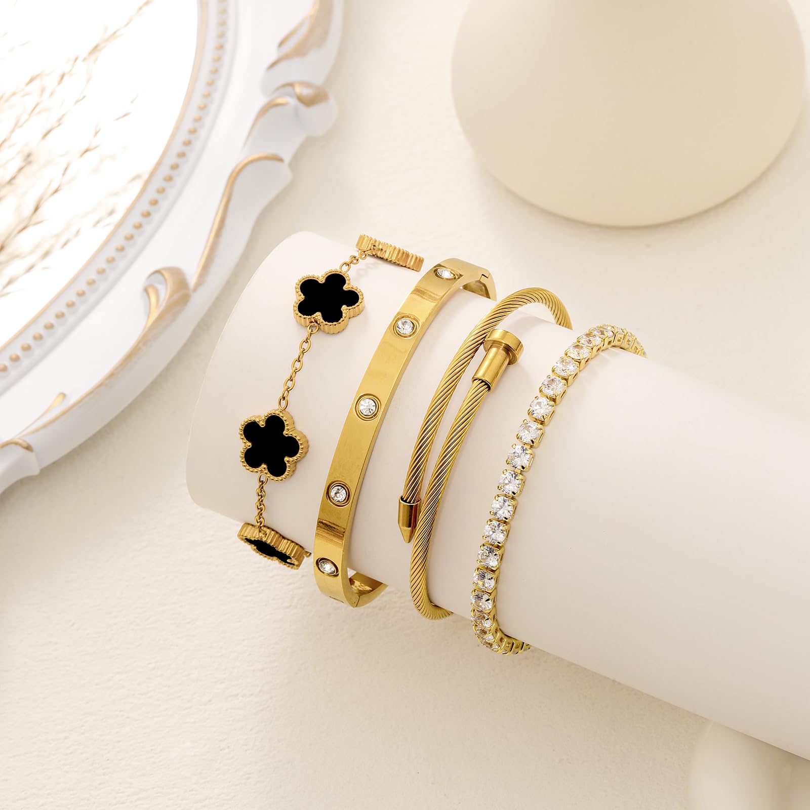 18K Gold Plated Womens Stackable Floral Bracelets Set,Twisted Cable Bangle,Trendy Jewelry,Waterproof adjustable bracelet,Christmas Birthday Gifts for Girlfriend or Mother.