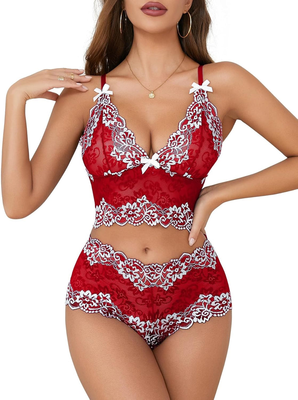 The Velvet Bow Set | High-Waisted Lace & Cami Duo Main Frontal View