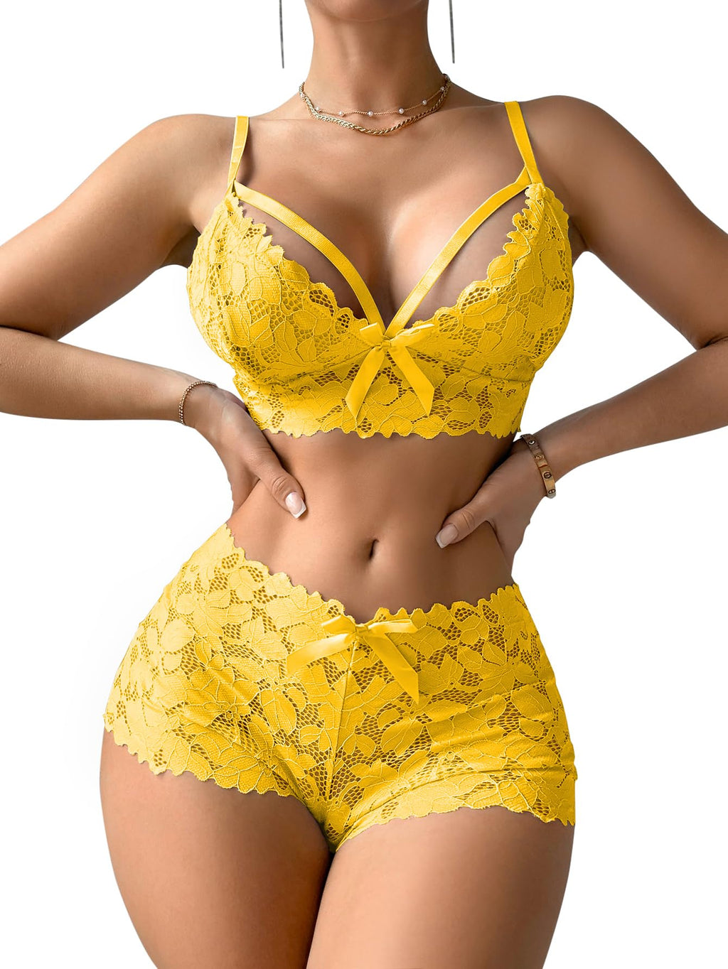 Lilosy Sexy Strappy High Waist Floral Lace Pajamas Lingerie Set Outfits