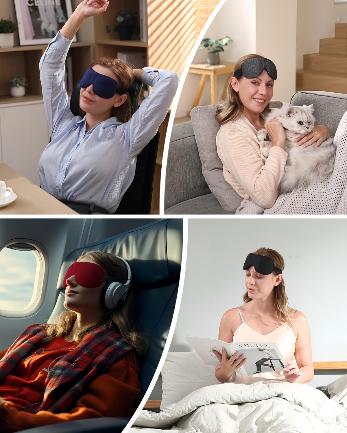 The Dream Serene Trio sleep mask shown in various settings—home, travel, and reading—highlighting its versatility and comfort for all occasions.