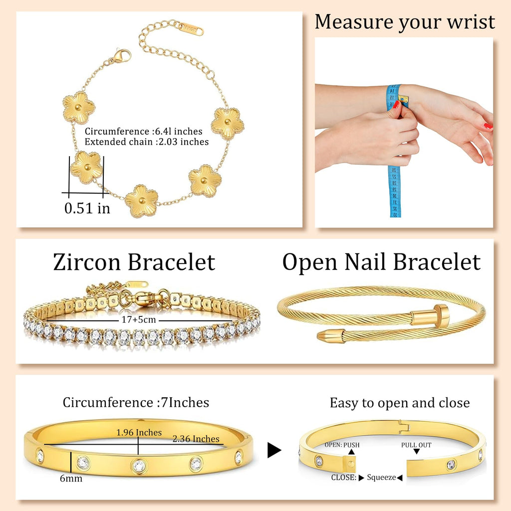 18K Gold Plated Womens Stackable Floral Bracelets Set,Twisted Cable Bangle,Trendy Jewelry,Waterproof adjustable bracelet,Christmas Birthday Gifts for Girlfriend or Mother.