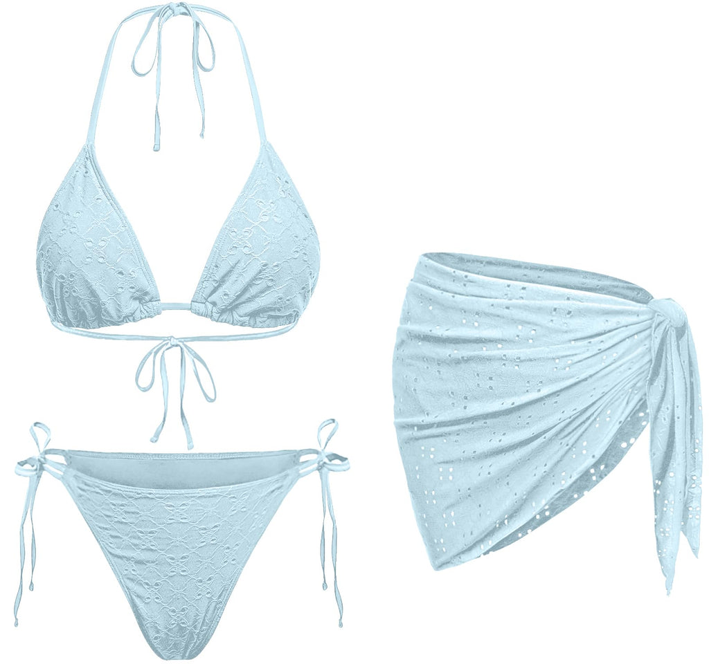 Women 3 Piece Swimsuits - Sexy Triangle Bikini Sets with Cover Up Halter String Tie Side Bathing Suits