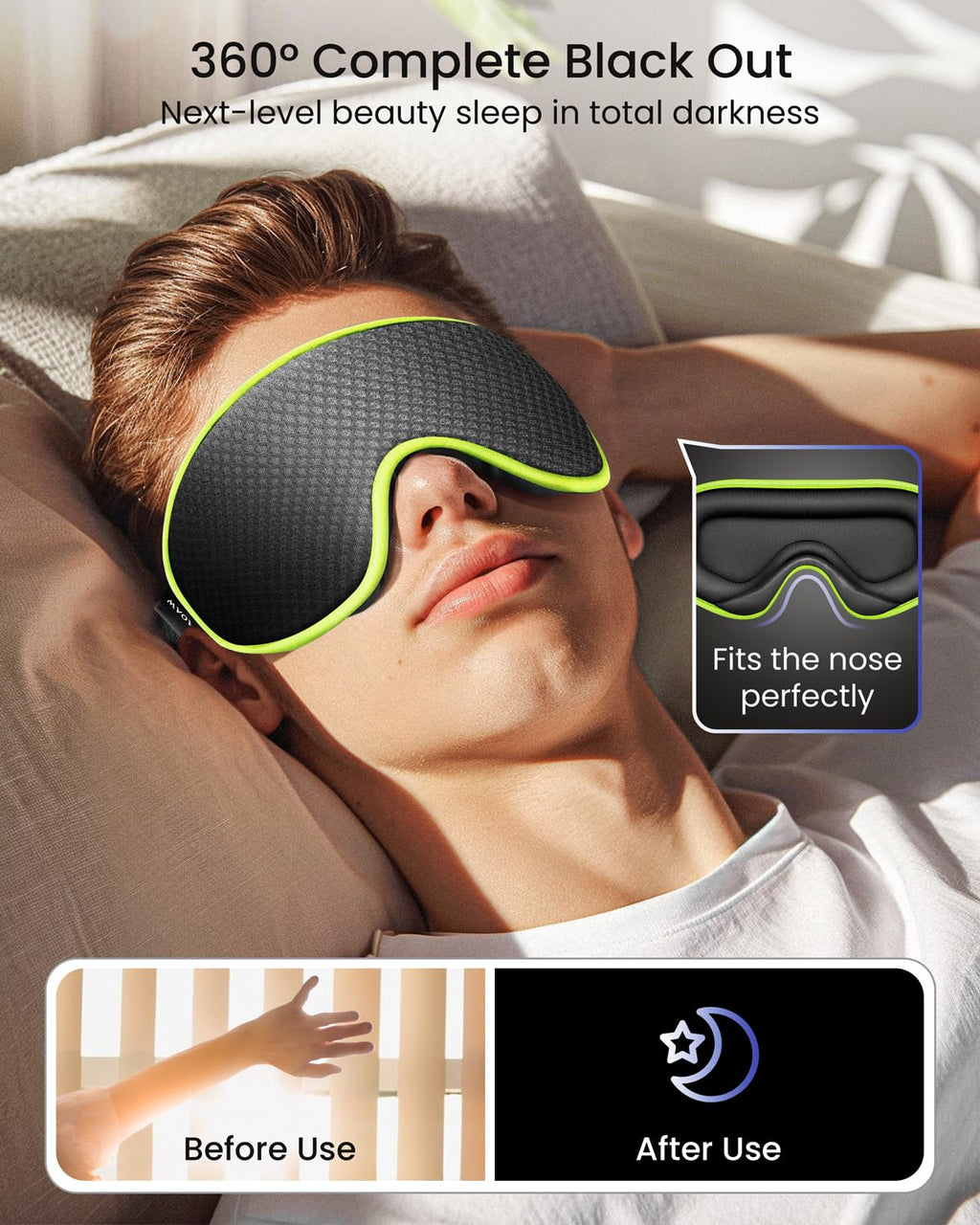 Man wearing The Midnight Muse | 3D Silk-Touch Blackout Mask in green, demonstrating full blackout and perfect nose fit for luxury sleep.