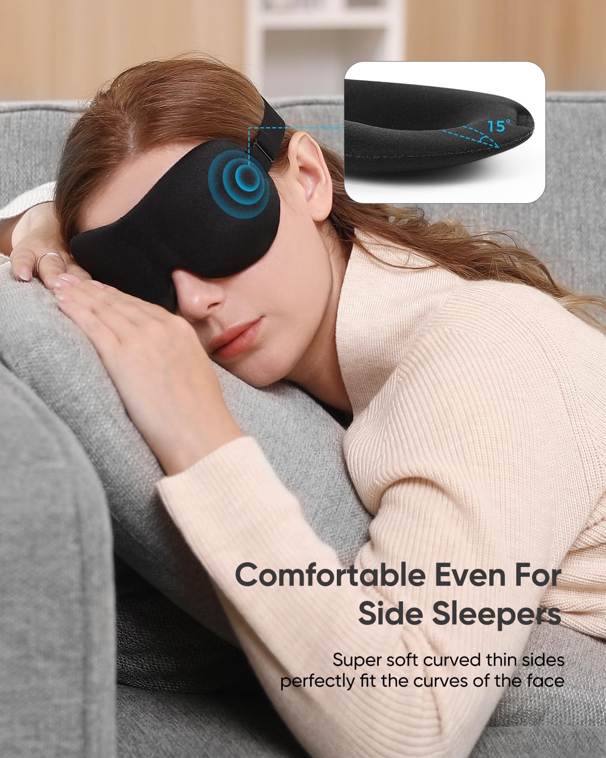 The Dream Serene Trio sleep mask shown on a woman lying sideways, highlighting its curved thin sides for comfort and perfect fit for side sleepers.