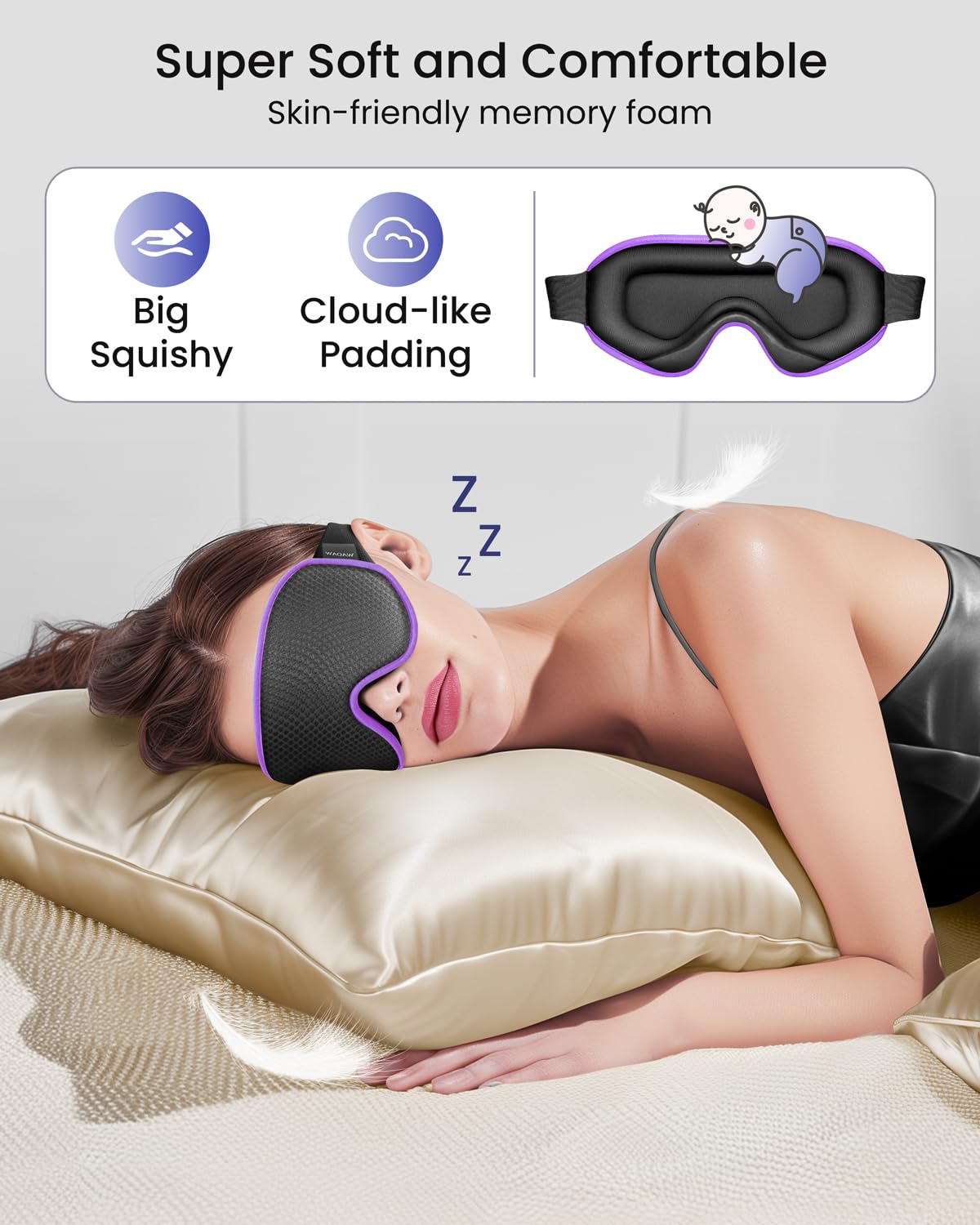 The Midnight Muse | 3D Silk-Touch Blackout Mask with purple trim, soft memory foam, and plush padding for luxurious, skin-friendly sleep support.