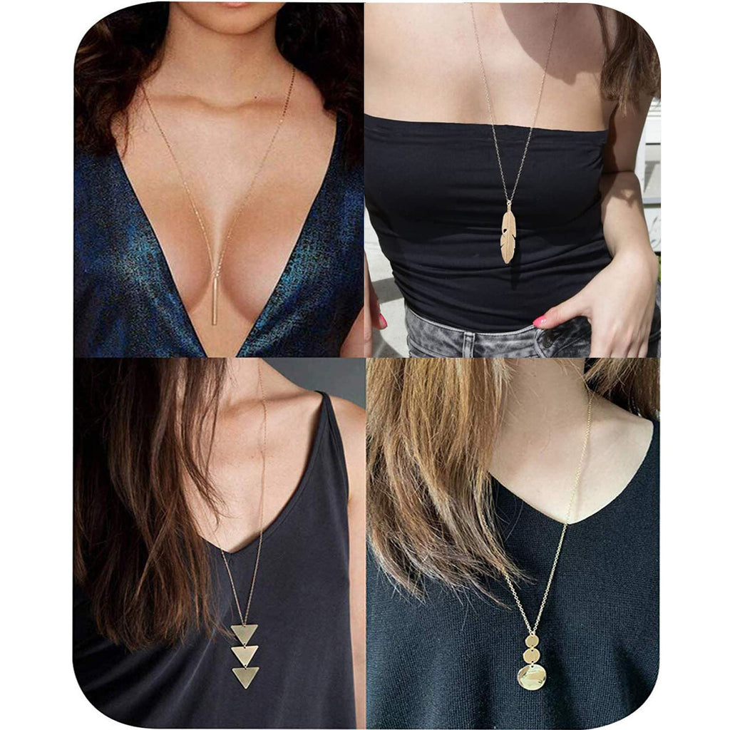 Long Necklaces for Women - Fashion Pendant Necklace Jewelry, Silver Bar Feather Circle Leaf Lock Tassel Y Necklace Jewelry Set for Girls