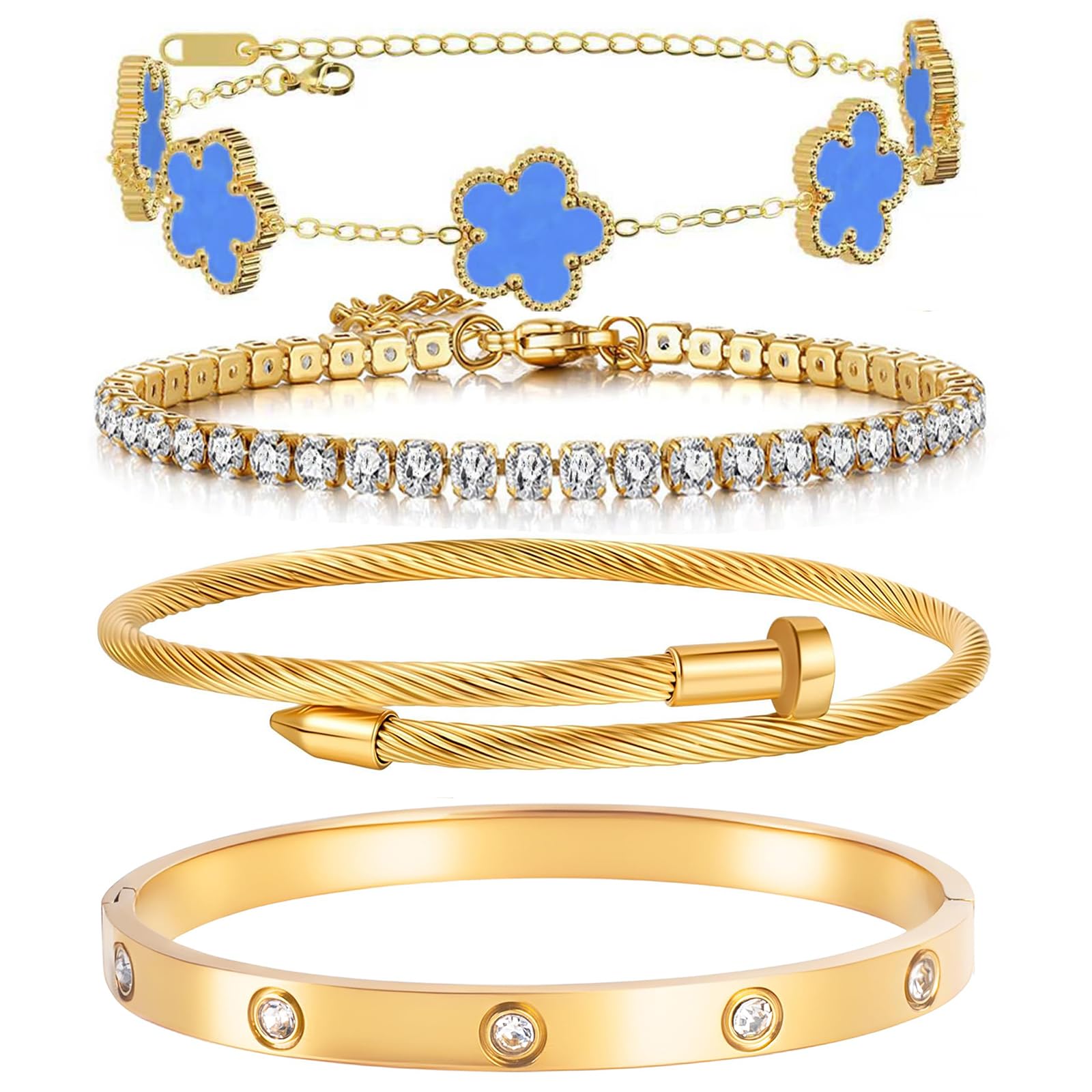 18K Gold Plated Womens Stackable Floral Bracelets Set,Twisted Cable Bangle,Trendy Jewelry,Waterproof adjustable bracelet,Christmas Birthday Gifts for Girlfriend or Mother.