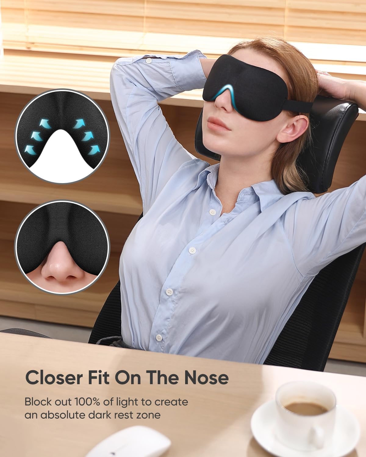 Professional woman reclining with The Dream Serene Trio sleep mask, emphasizing full nose coverage for 100% light blocking and deep rest.