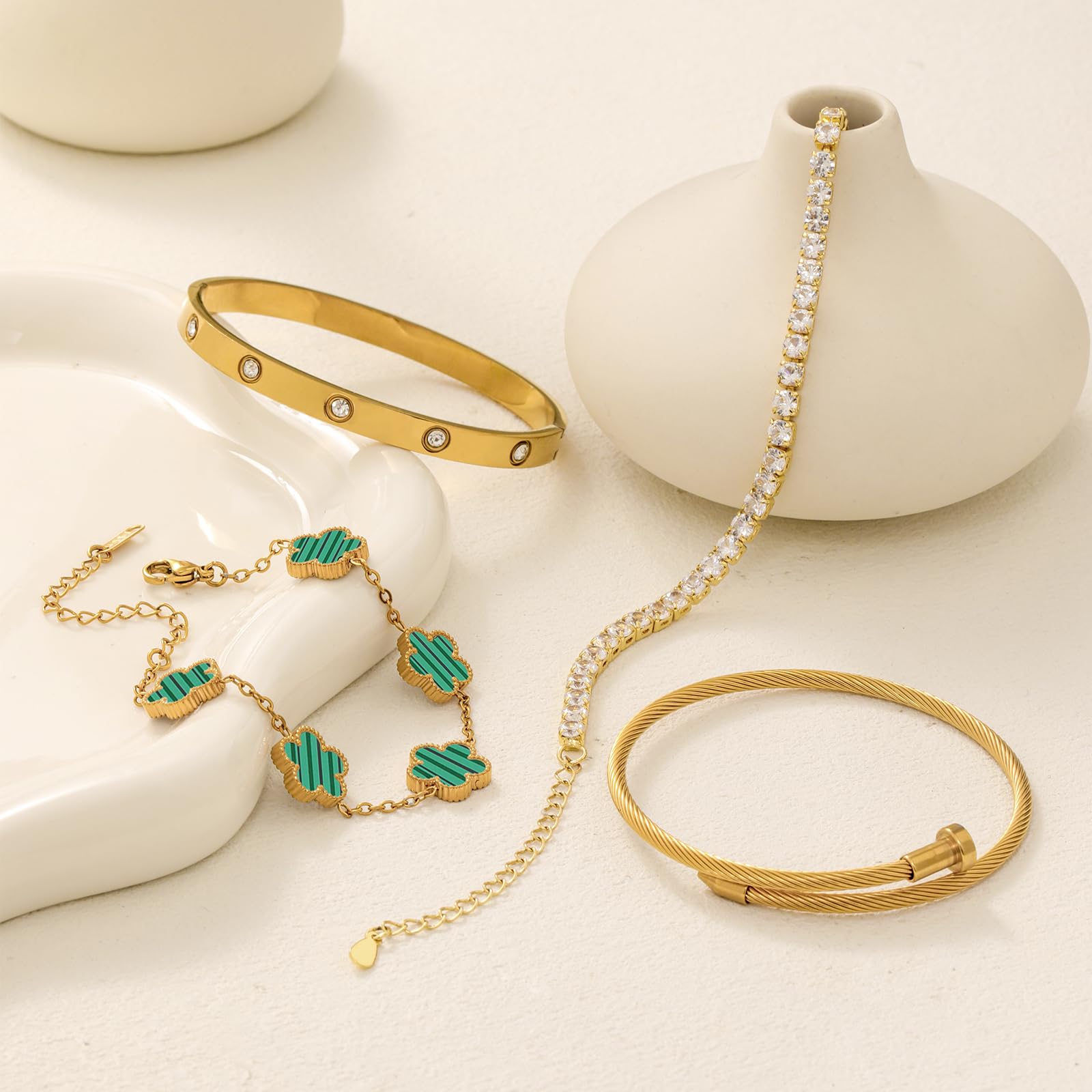18K Gold Plated Womens Stackable Floral Bracelets Set,Twisted Cable Bangle,Trendy Jewelry,Waterproof adjustable bracelet,Christmas Birthday Gifts for Girlfriend or Mother.