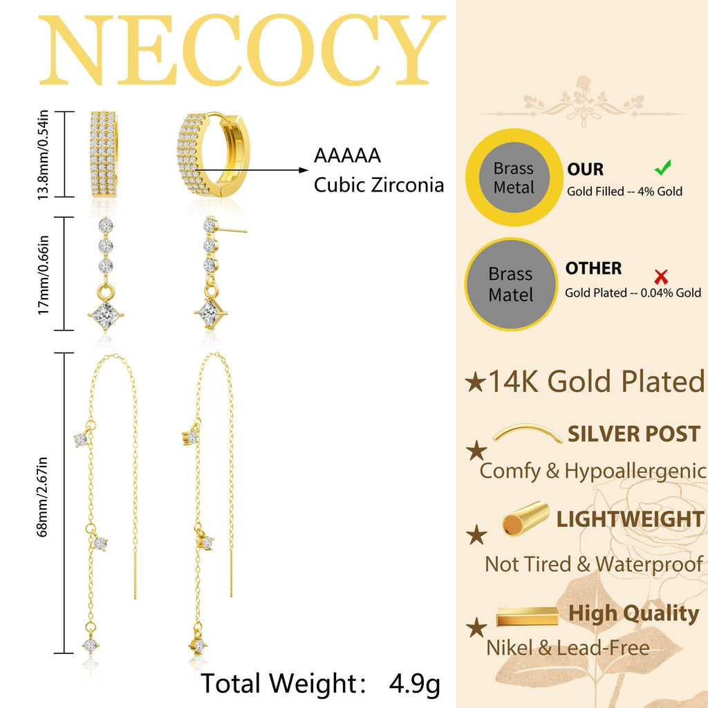 NECOCY 14K Gold Plated Chain Earrings for Women 3/4 Pairs Dangle Dainty Stack Hoop Earrings Set Trendy Cubic Zirconia Stud Earrings for Women Jewelry