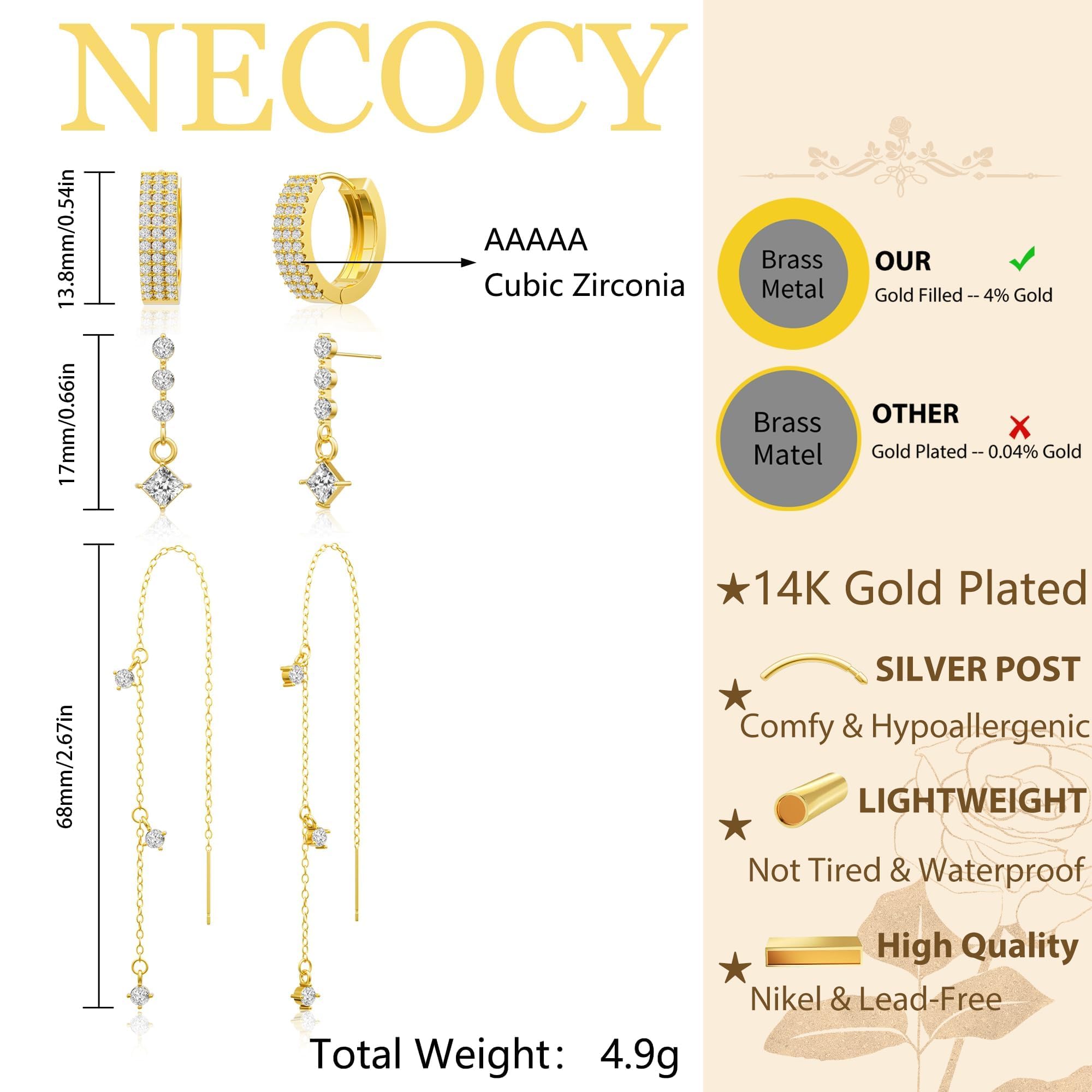 NECOCY 14K Gold Plated Chain Earrings for Women 3/4 Pairs Dangle Dainty Stack Hoop Earrings Set Trendy Cubic Zirconia Stud Earrings for Women Jewelry