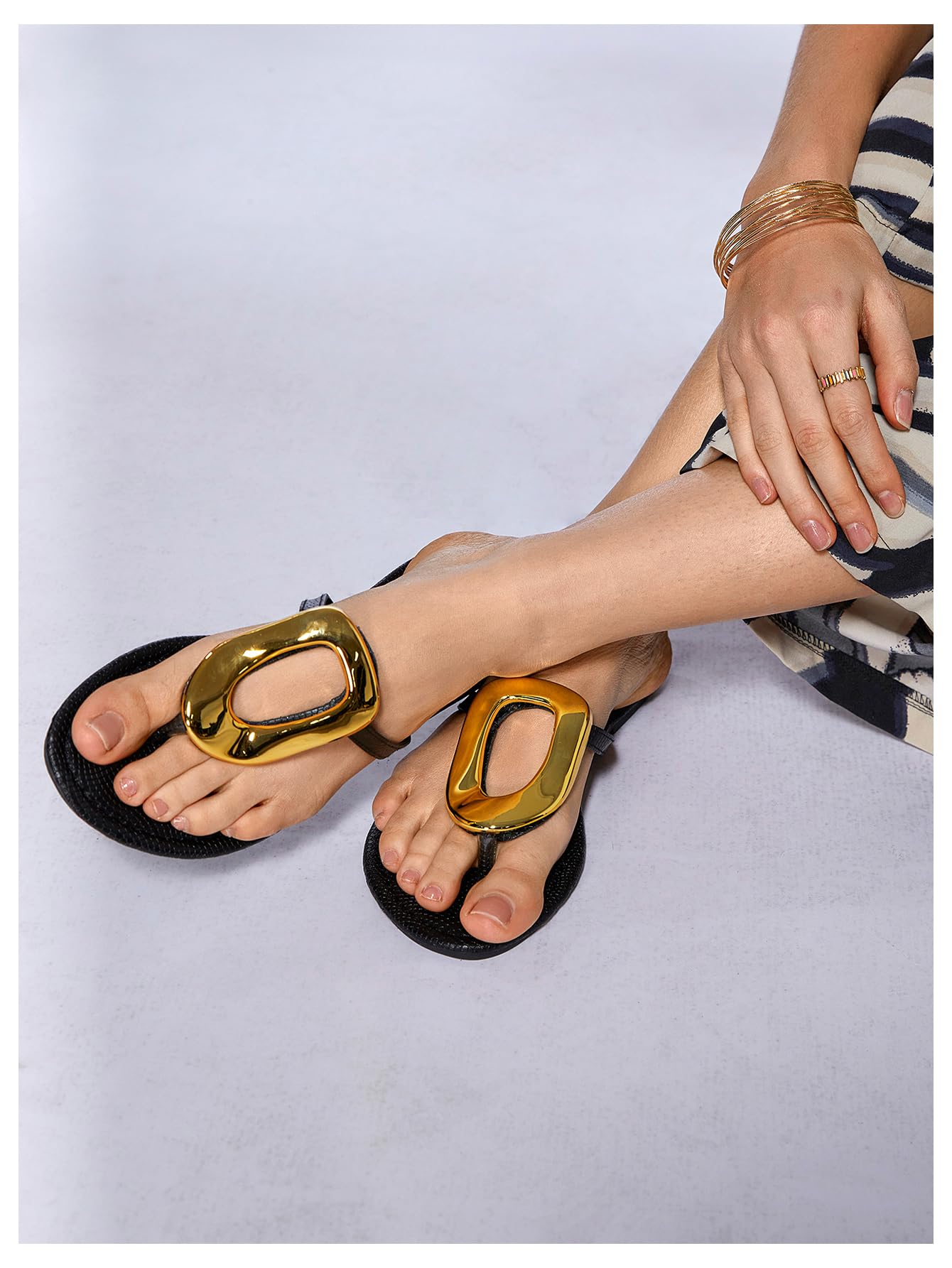 OYOANGLE Women's Metal Decor Flip Flop Thong Sandals Comfortable Slip on Flat Sandals