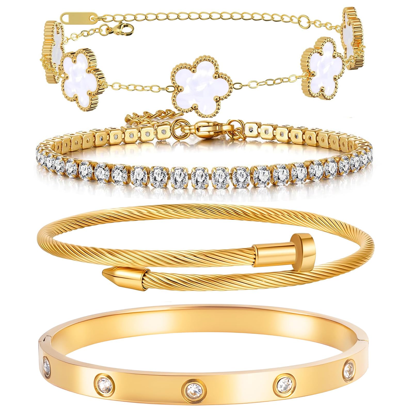 18K Gold Plated Womens Stackable Floral Bracelets Set,Twisted Cable Bangle,Trendy Jewelry,Waterproof adjustable bracelet,Christmas Birthday Gifts for Girlfriend or Mother.