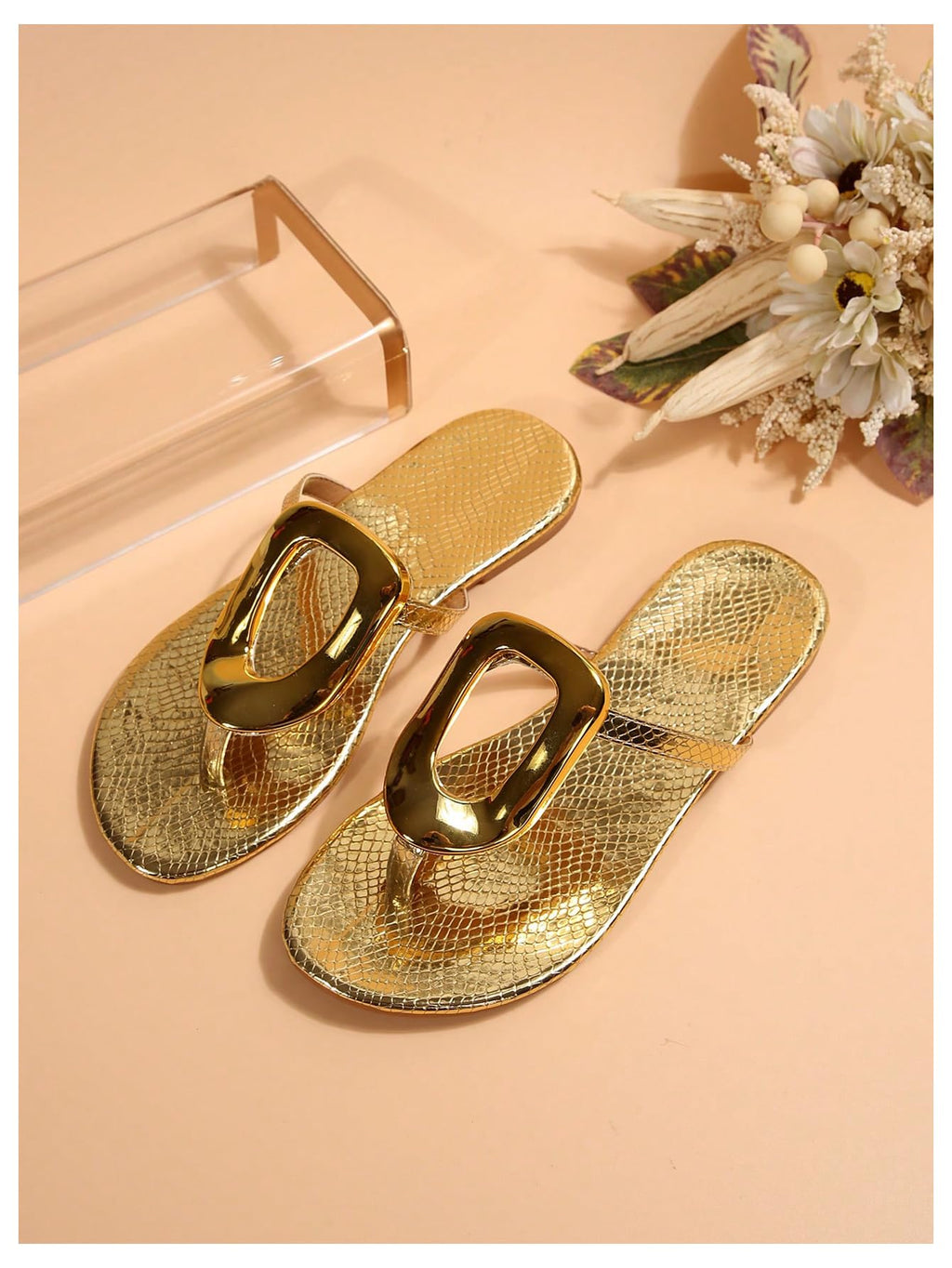 OYOANGLE Women's Metal Decor Flip Flop Thong Sandals Comfortable Slip on Flat Sandals