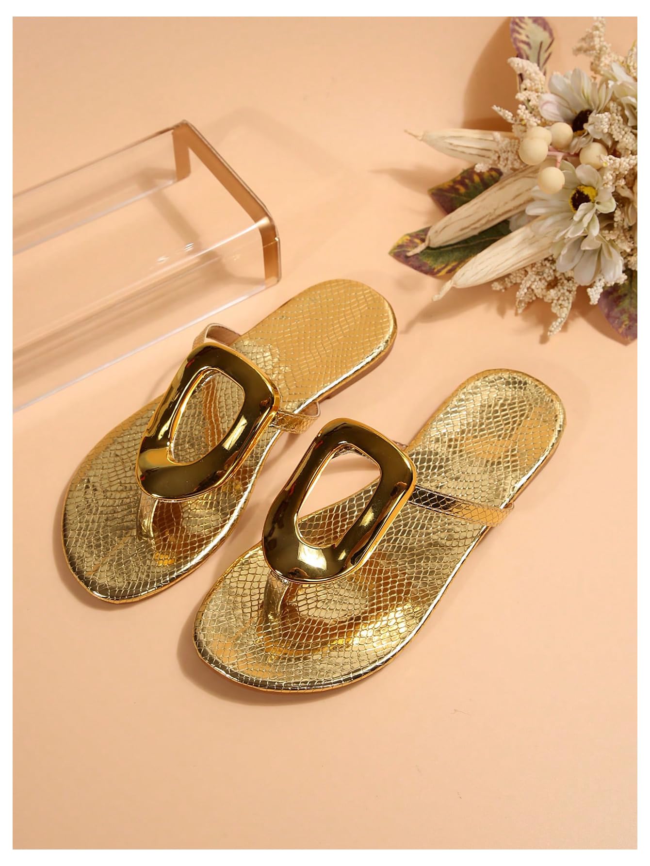 OYOANGLE Women's Metal Decor Flip Flop Thong Sandals Comfortable Slip on Flat Sandals