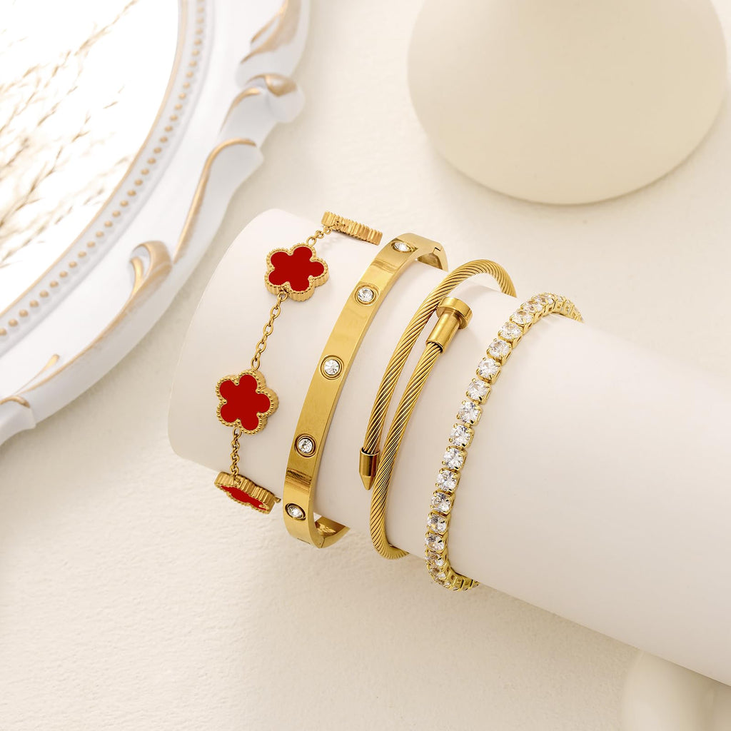 18K Gold Plated Womens Stackable Floral Bracelets Set,Twisted Cable Bangle,Trendy Jewelry,Waterproof adjustable bracelet,Christmas Birthday Gifts for Girlfriend or Mother.