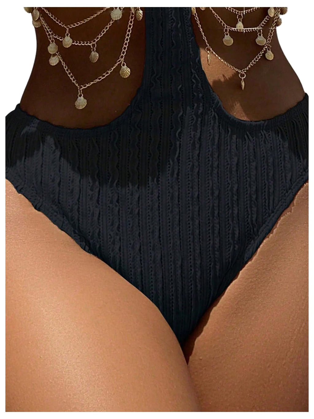 OYOANGLE Women's Ring Linked Cut Out One Piece Swimsuits Textured Tie Backless Halter Bathing Suit Monokini