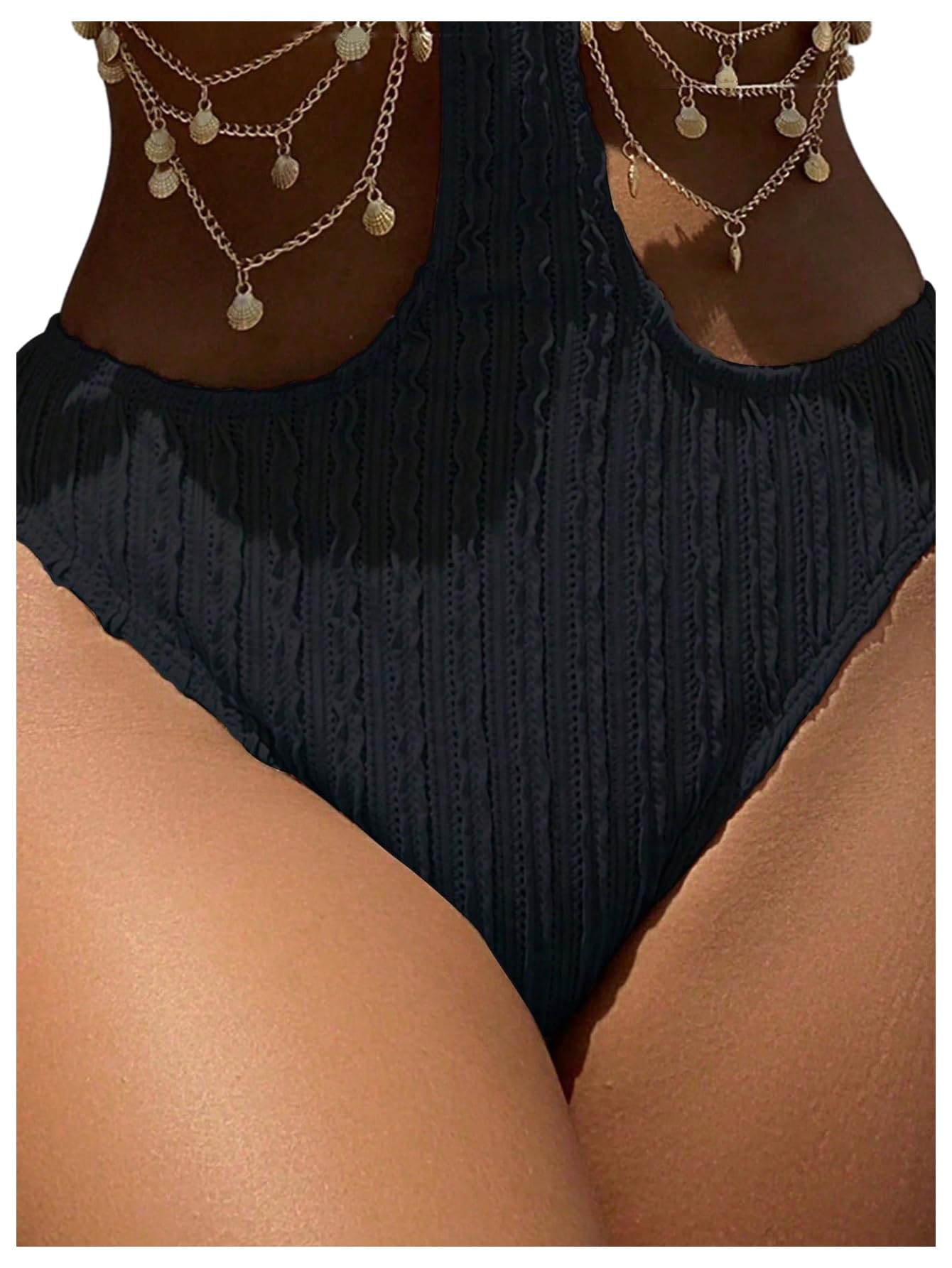 OYOANGLE Women's Ring Linked Cut Out One Piece Swimsuits Textured Tie Backless Halter Bathing Suit Monokini