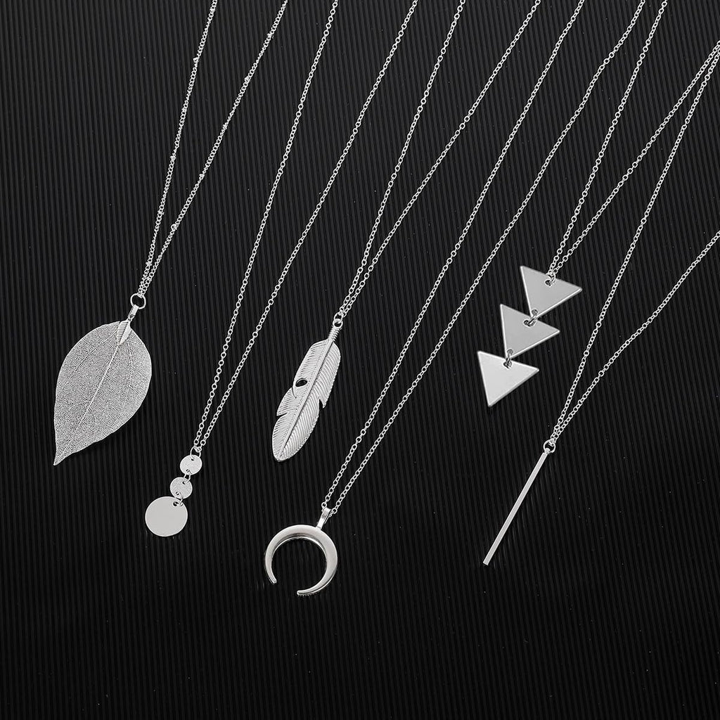 Long Necklaces for Women - Fashion Pendant Necklace Jewelry, Silver Bar Feather Circle Leaf Lock Tassel Y Necklace Jewelry Set for Girls