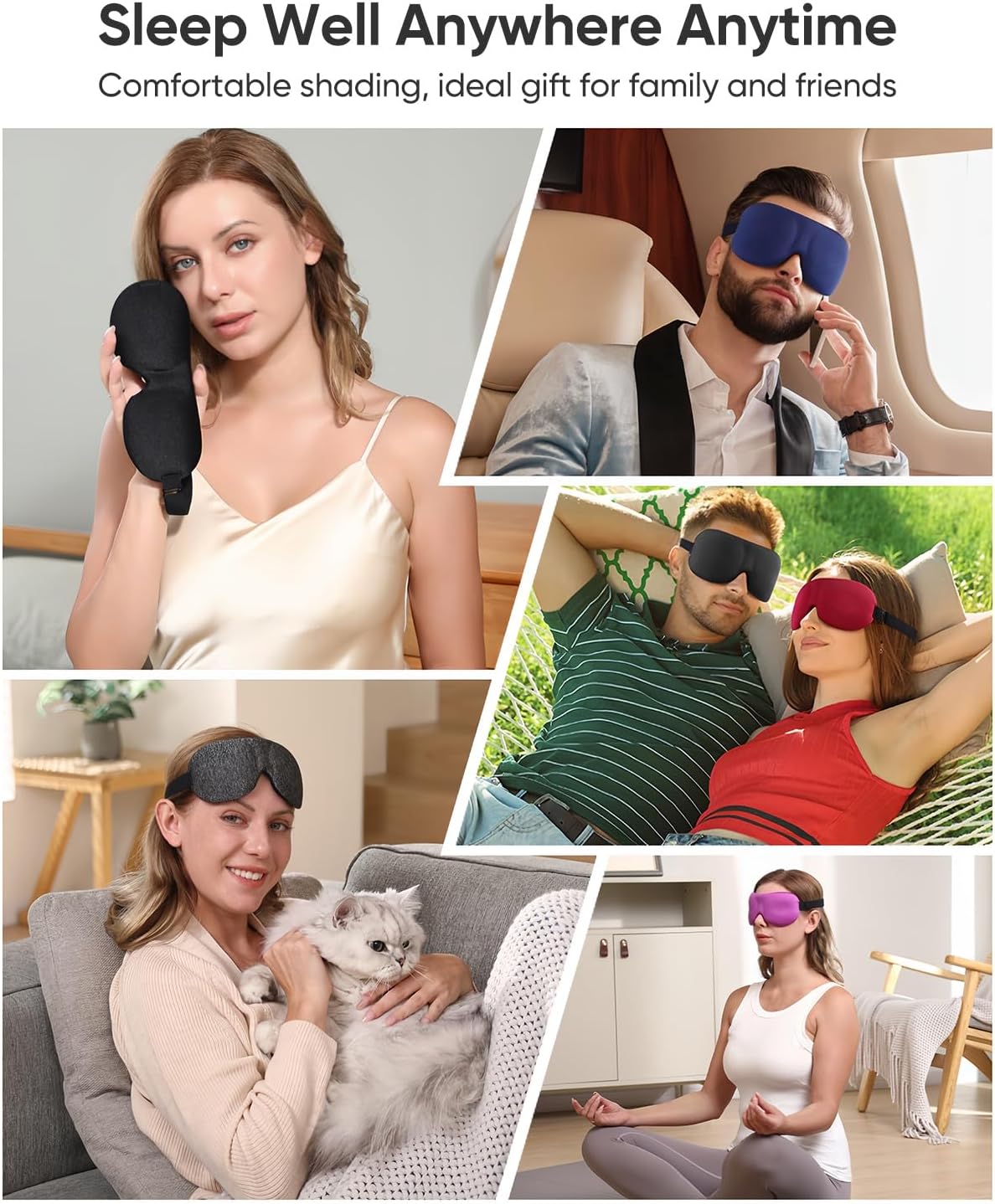 Collage of people using The Dream Serene Trio sleep mask in various settings, ideal for travel, meditation, and gifting for restful sleep.