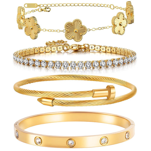 18K Gold Plated Womens Stackable Floral Bracelets Set,Twisted Cable Bangle,Trendy Jewelry,Waterproof adjustable bracelet,Christmas Birthday Gifts for Girlfriend or Mother.