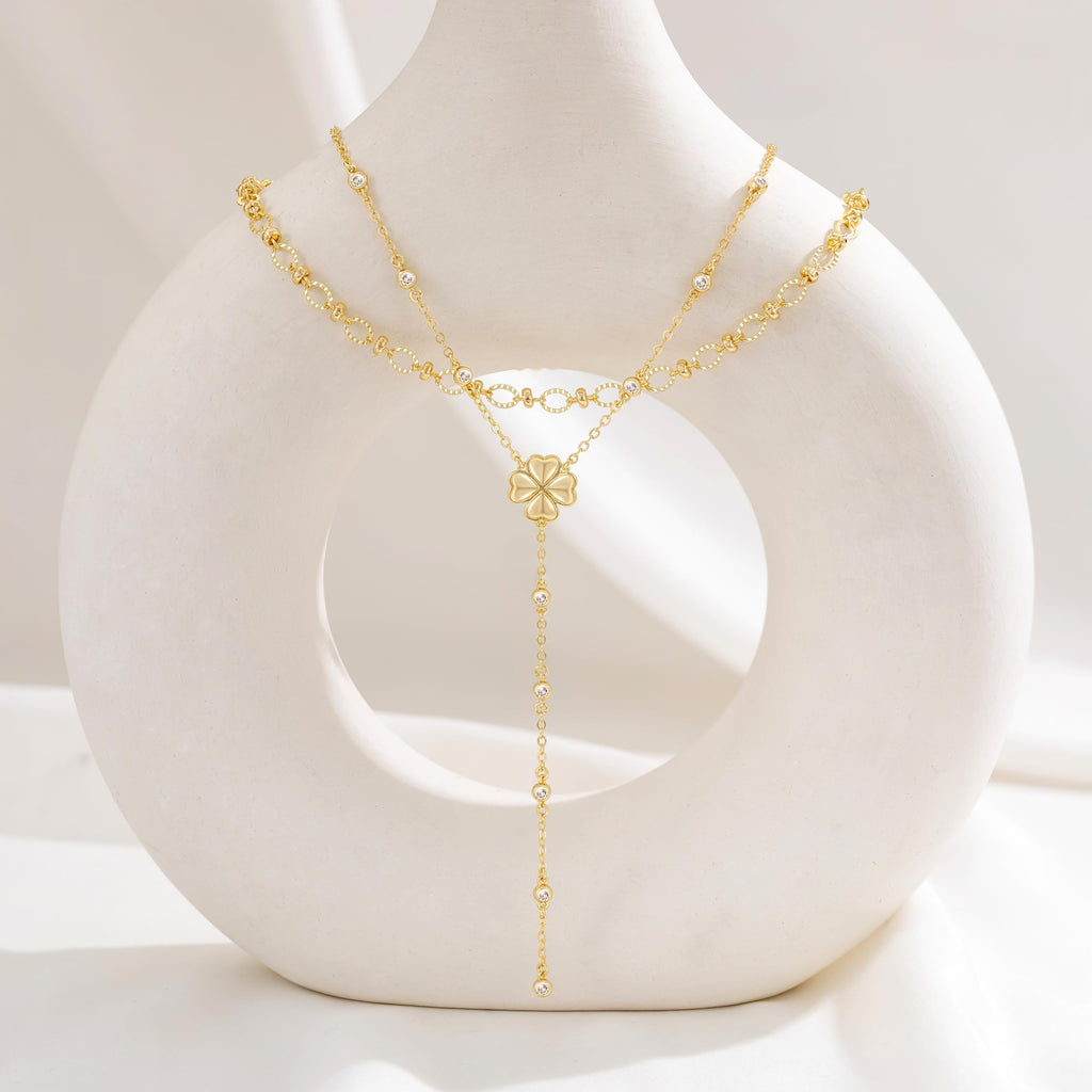 CHESKY Lariat Gold Necklace for Women, Dainty Long Necklace 14k Gold Plated Y-Shaped Pendant Necklace Trendy Layered CZ Beaded Chain Drop Necklaces Simple Gold Jewelry for Women Gifts