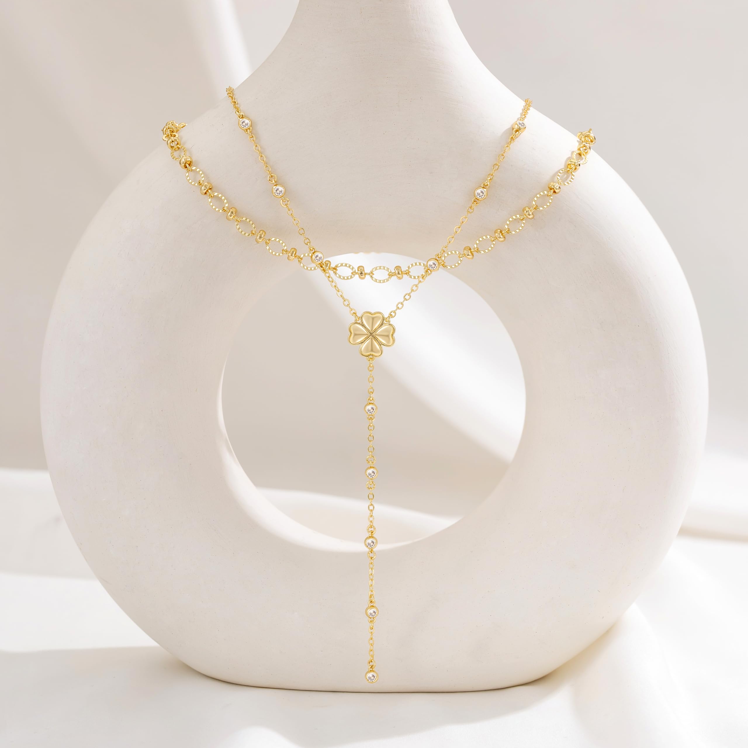 CHESKY Lariat Gold Necklace for Women, Dainty Long Necklace 14k Gold Plated Y-Shaped Pendant Necklace Trendy Layered CZ Beaded Chain Drop Necklaces Simple Gold Jewelry for Women Gifts