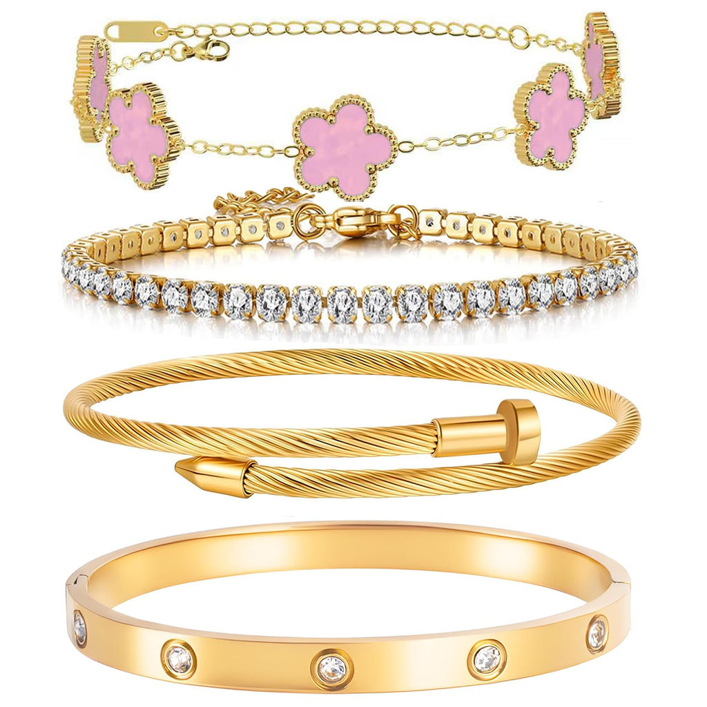 18K Gold Plated Womens Stackable Floral Bracelets Set,Twisted Cable Bangle,Trendy Jewelry,Waterproof adjustable bracelet,Christmas Birthday Gifts for Girlfriend or Mother.