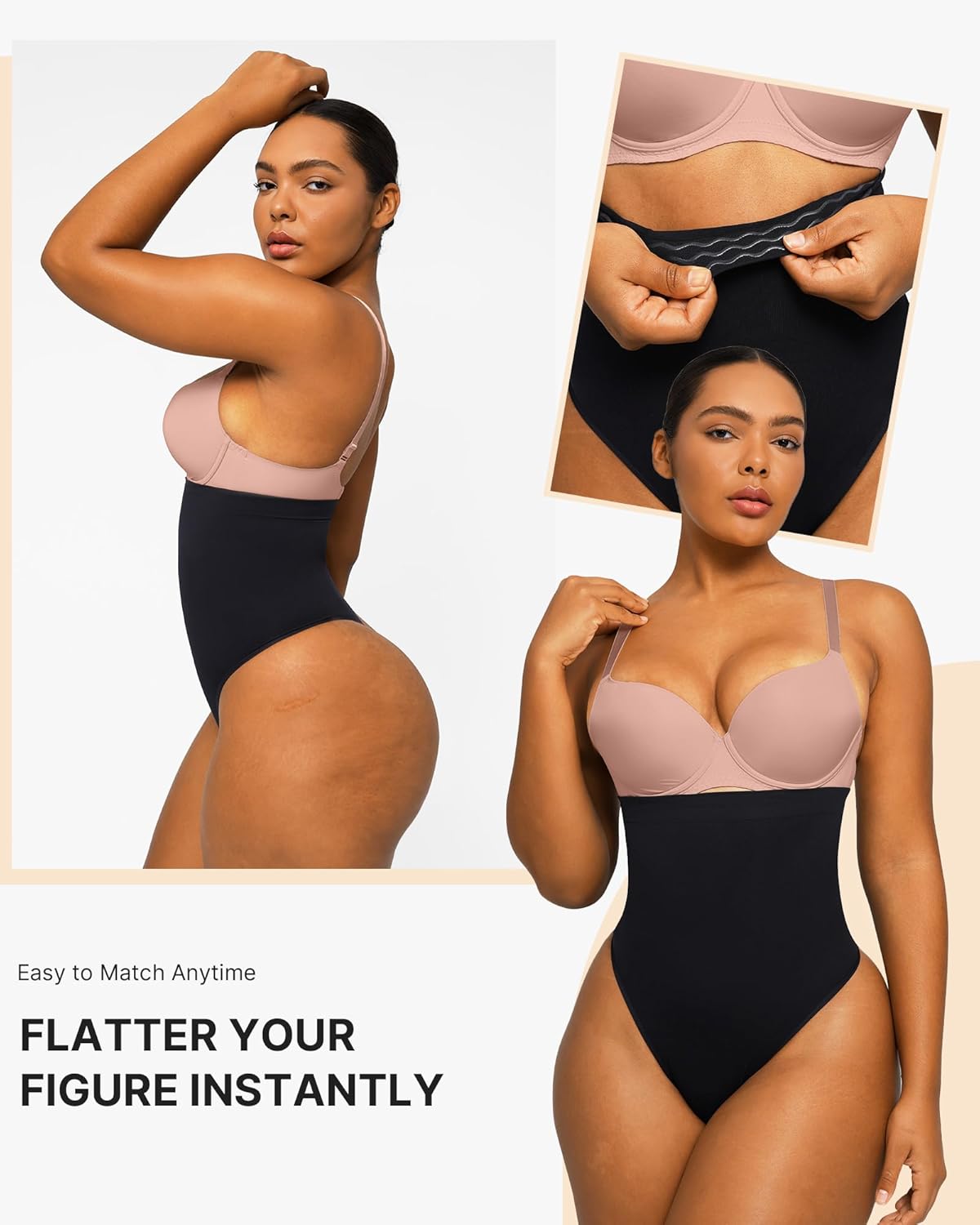 Model showcases The Sculpting Essential high-waisted seamless thong with close-up of anti-slip waistband and flattering fit for enhanced curves.